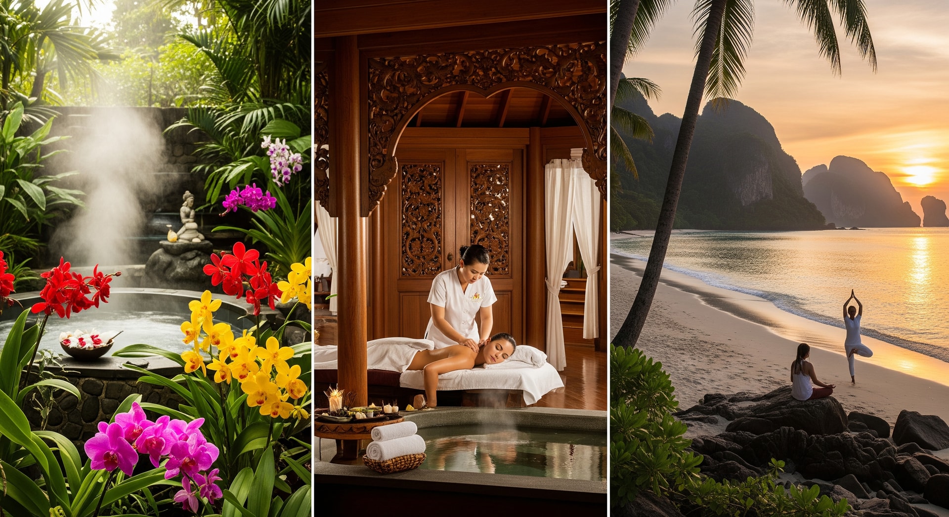 Wellness retreat environment in Thailand with spa, tropical beach and mountain meditation settings