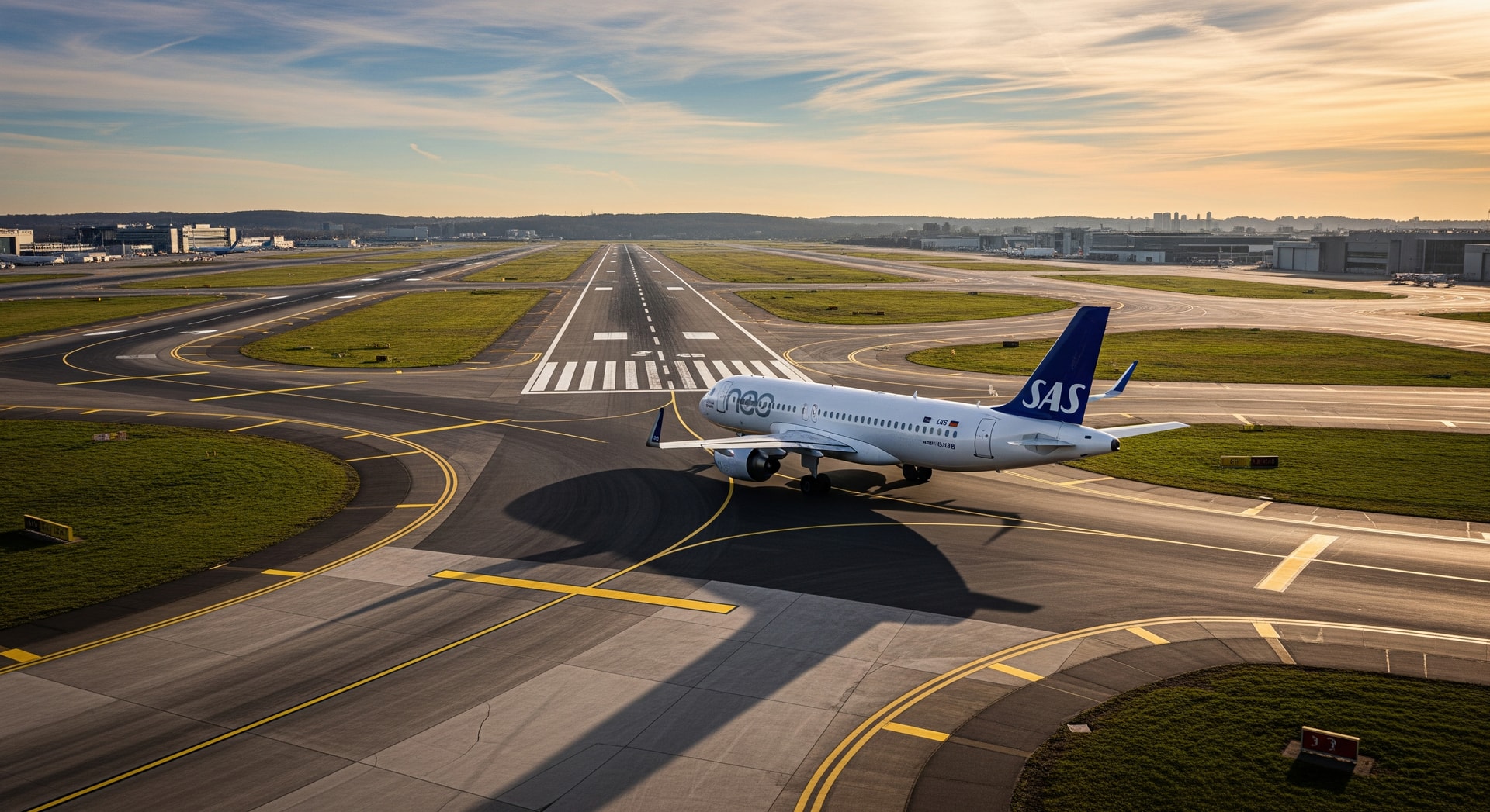 SAS Airbus A320neo at Brussels Airport with taxiways and runways visible