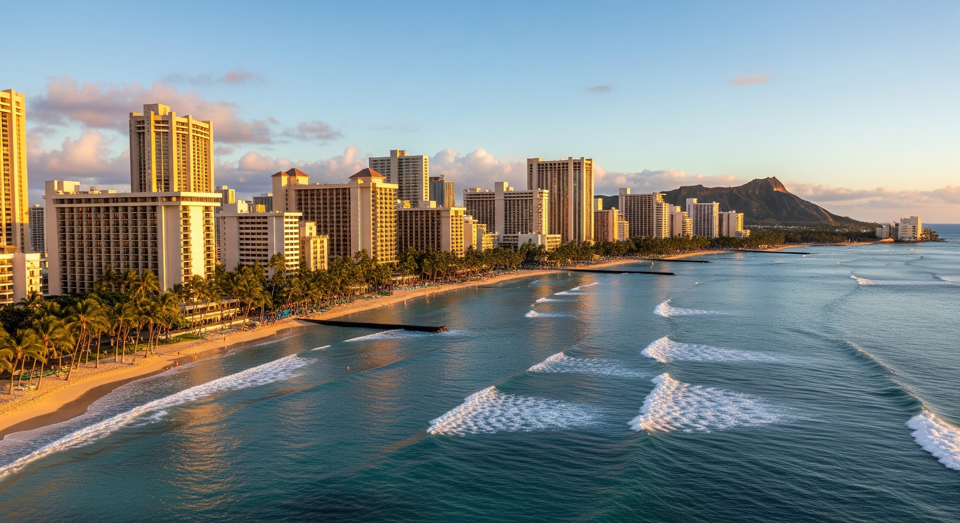 Honolulu skyline with beachfront hotels and Waikiki shoreline showcasing Honolulu hotel industry