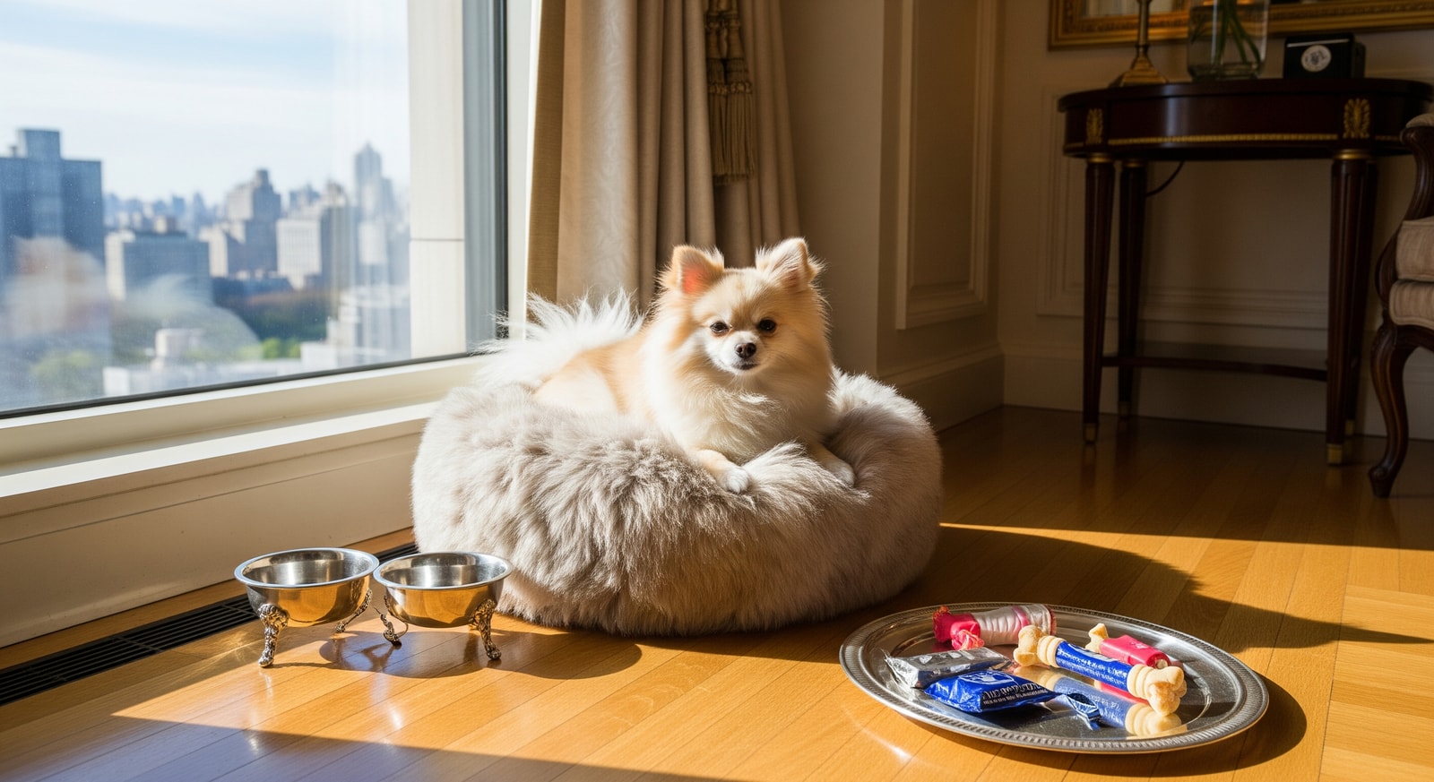 A small dog on a plush bed in a luxury hotel suite, illustrating pet-friendly luxury amenities at The Plaza Hotel