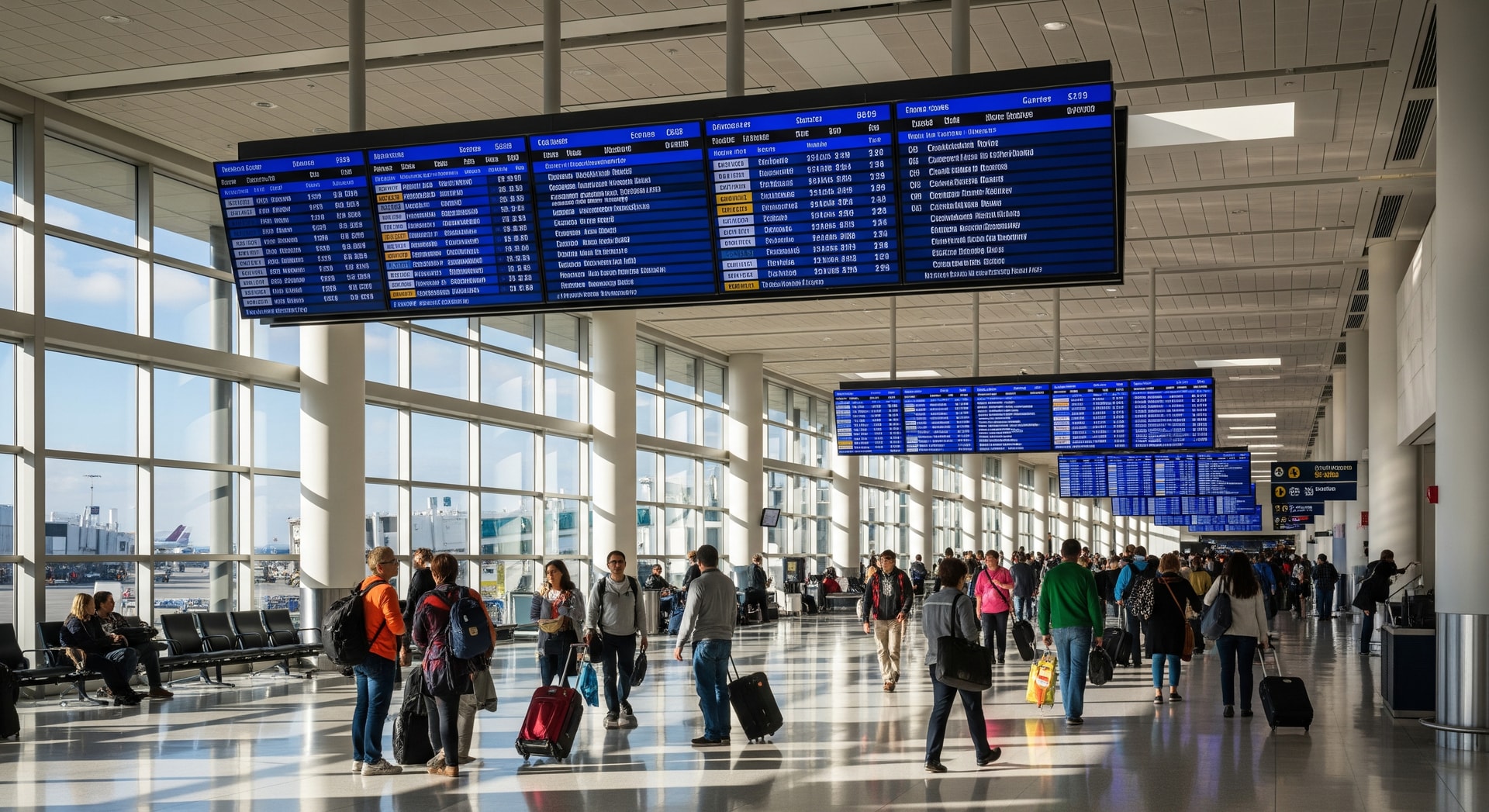 Passengers checking flight boards at a busy U.S. airport terminal