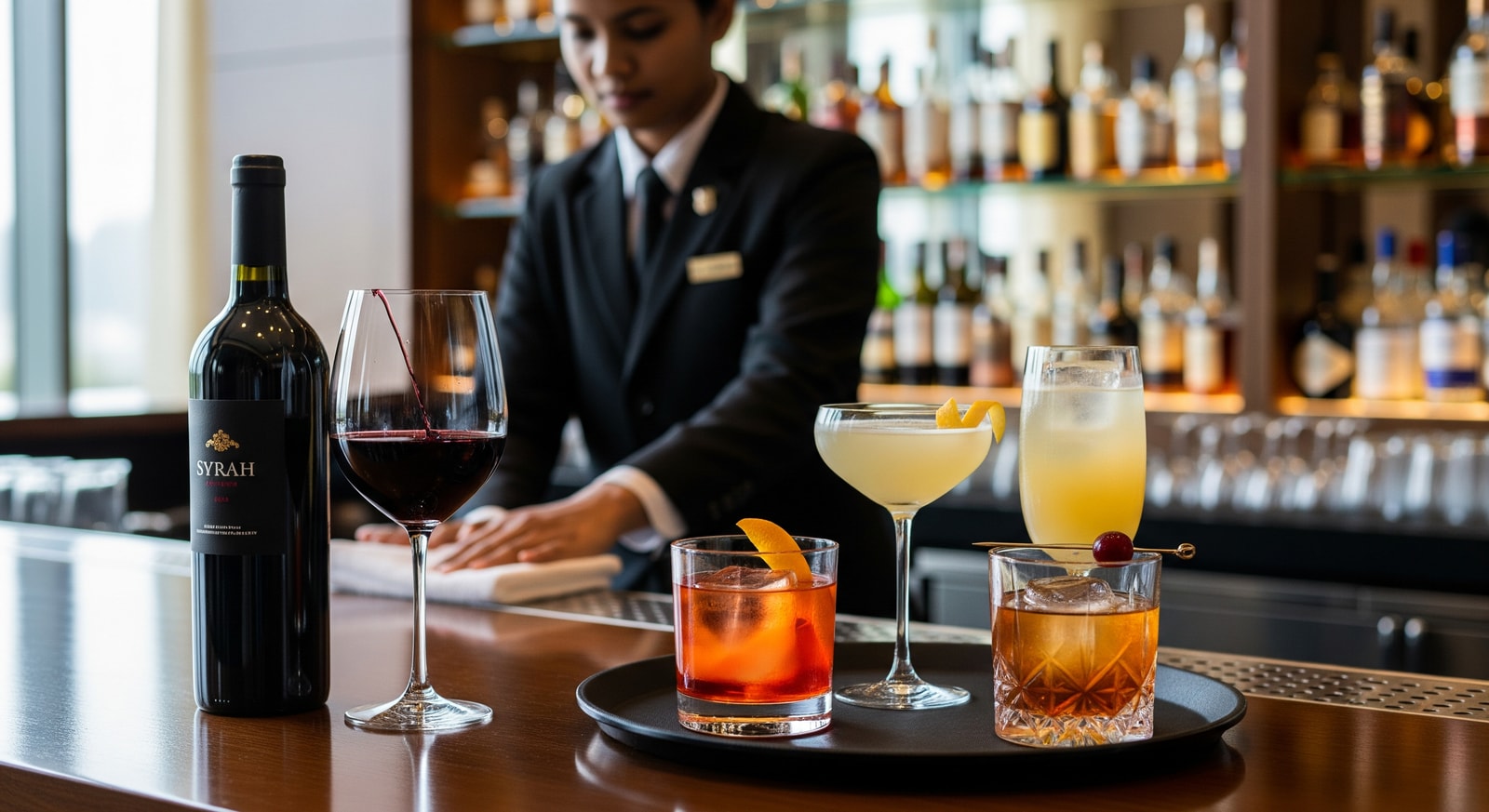 Beverage service at a luxury hotel bar in Hyderabad showcasing wine and cocktails