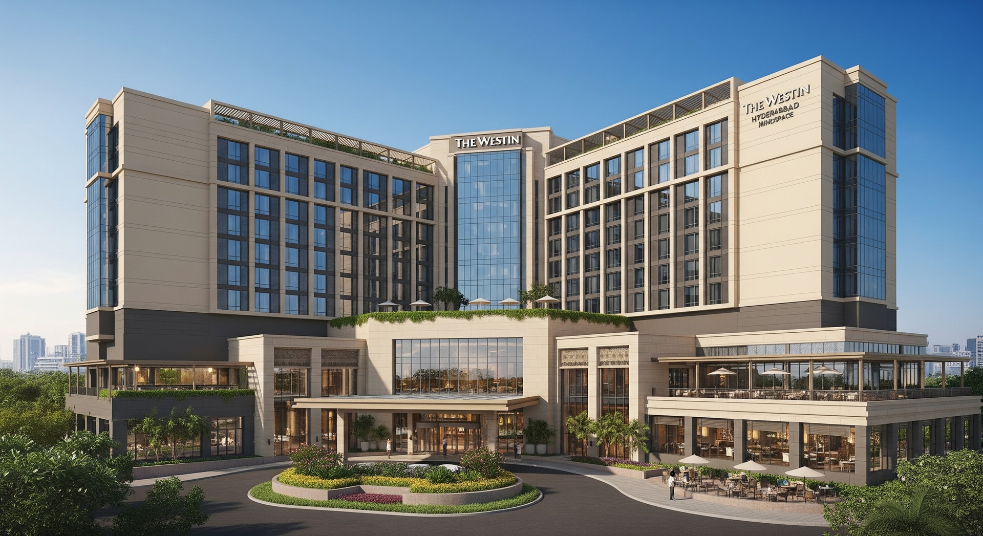 Exterior view of The Westin Hyderabad Mindspace hotel, home to the hotel's beverage and dining venues