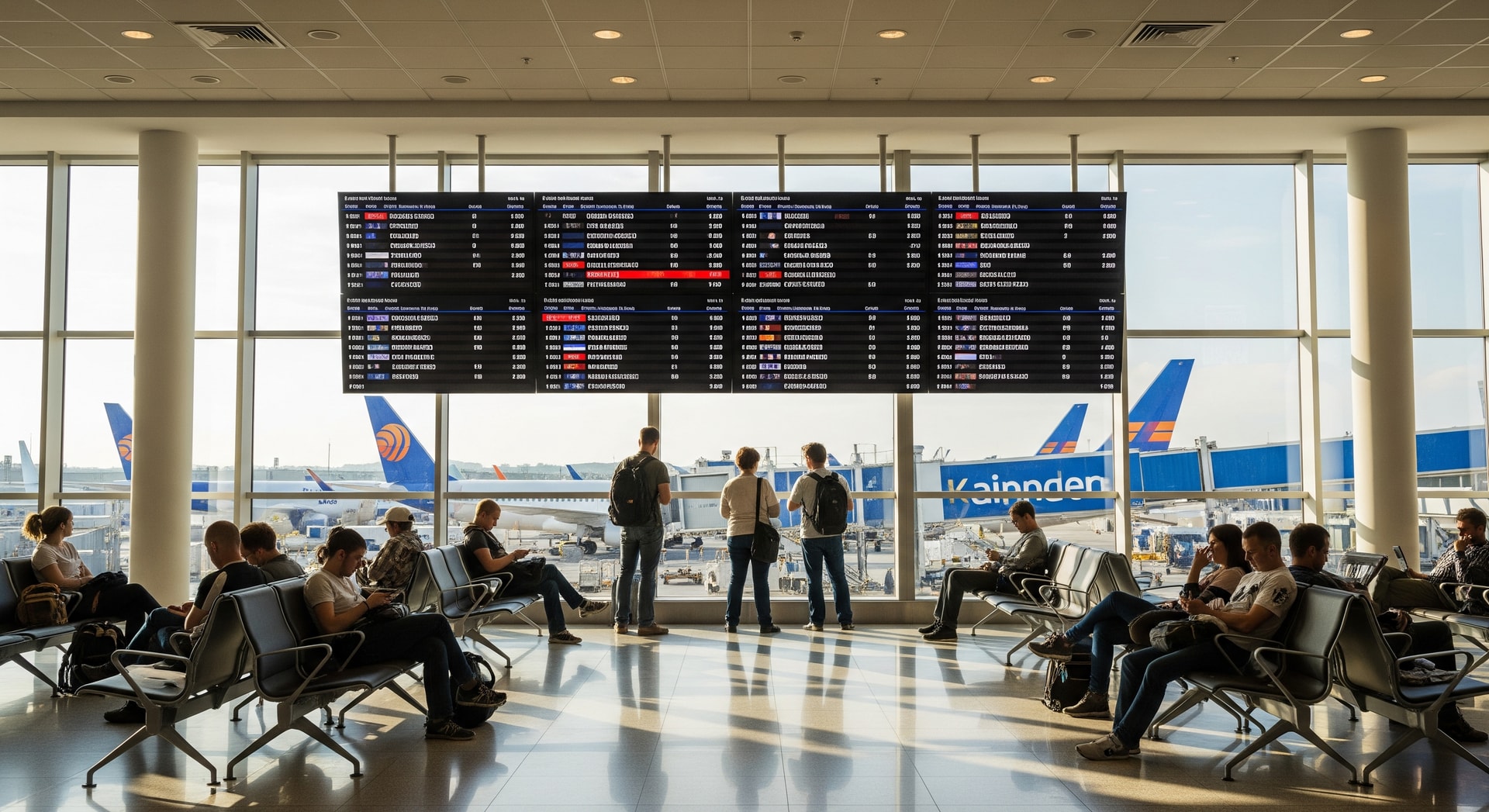 Passengers waiting in an airport terminal with flight information screens showing delays and cancellations