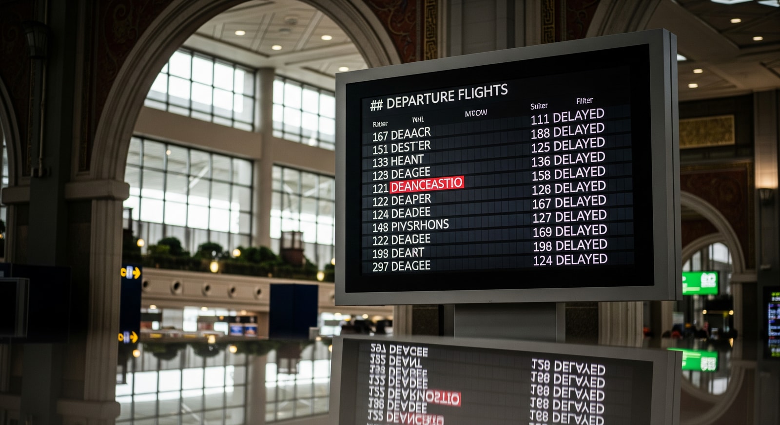 Departure board at a major Asian airport showing multiple delayed flights