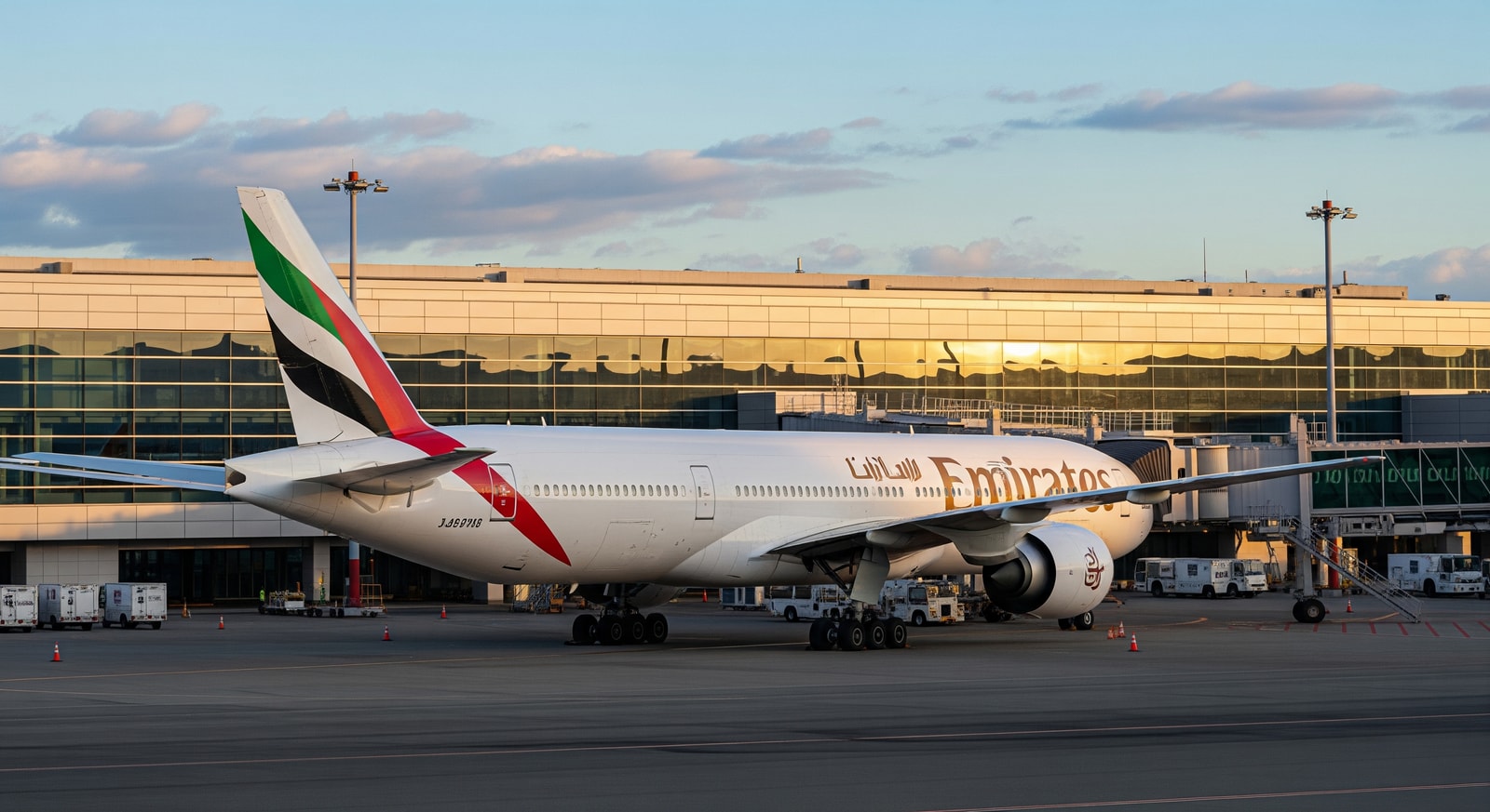 Emirates Boeing 777 at Tokyo Narita with terminal in the background, representing increased Dubai–Narita flights