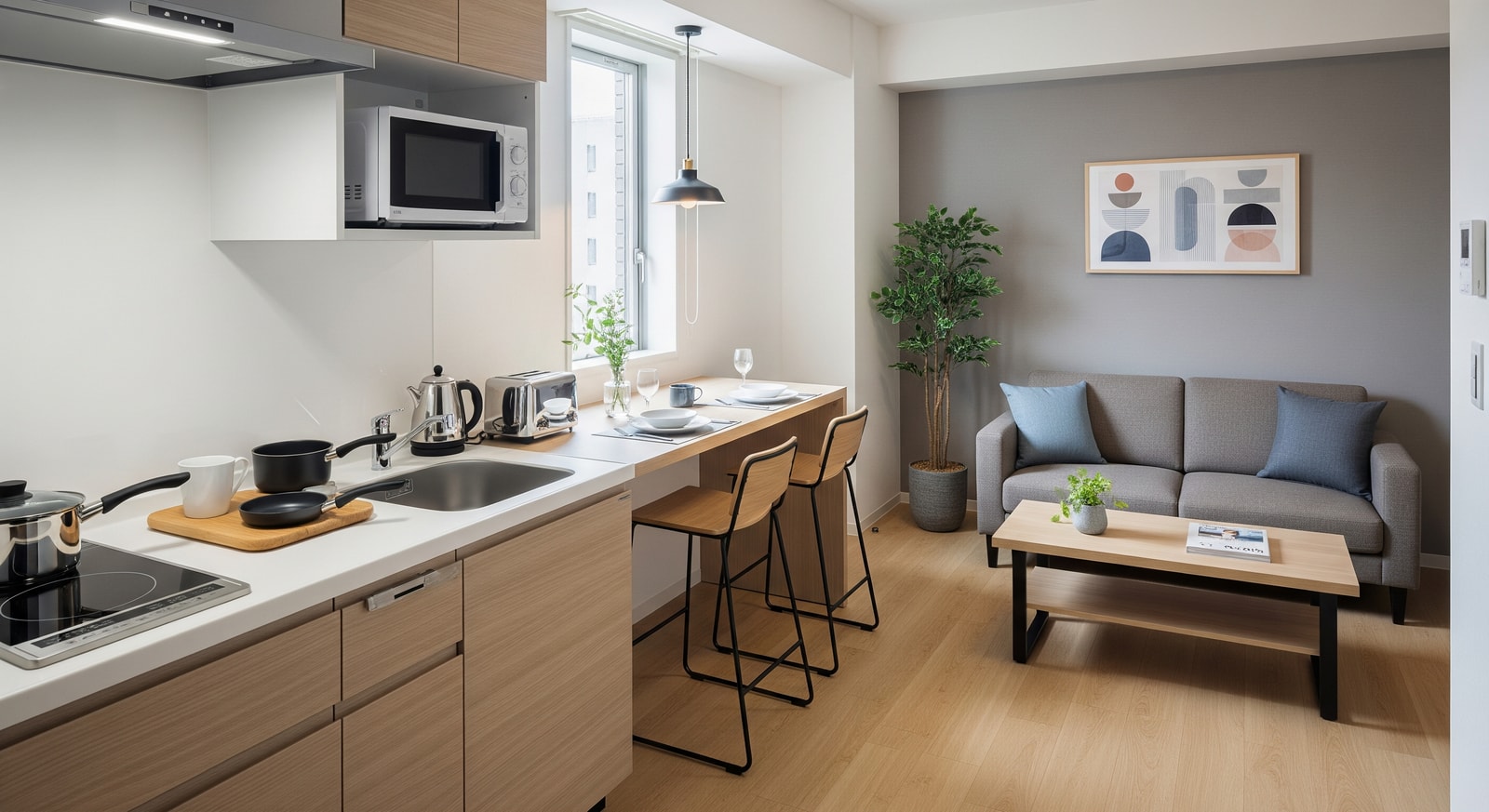 Interior kitchen and living space of an apartment-hotel unit in Tsukiji, Tokyo, showing self-catering facilities