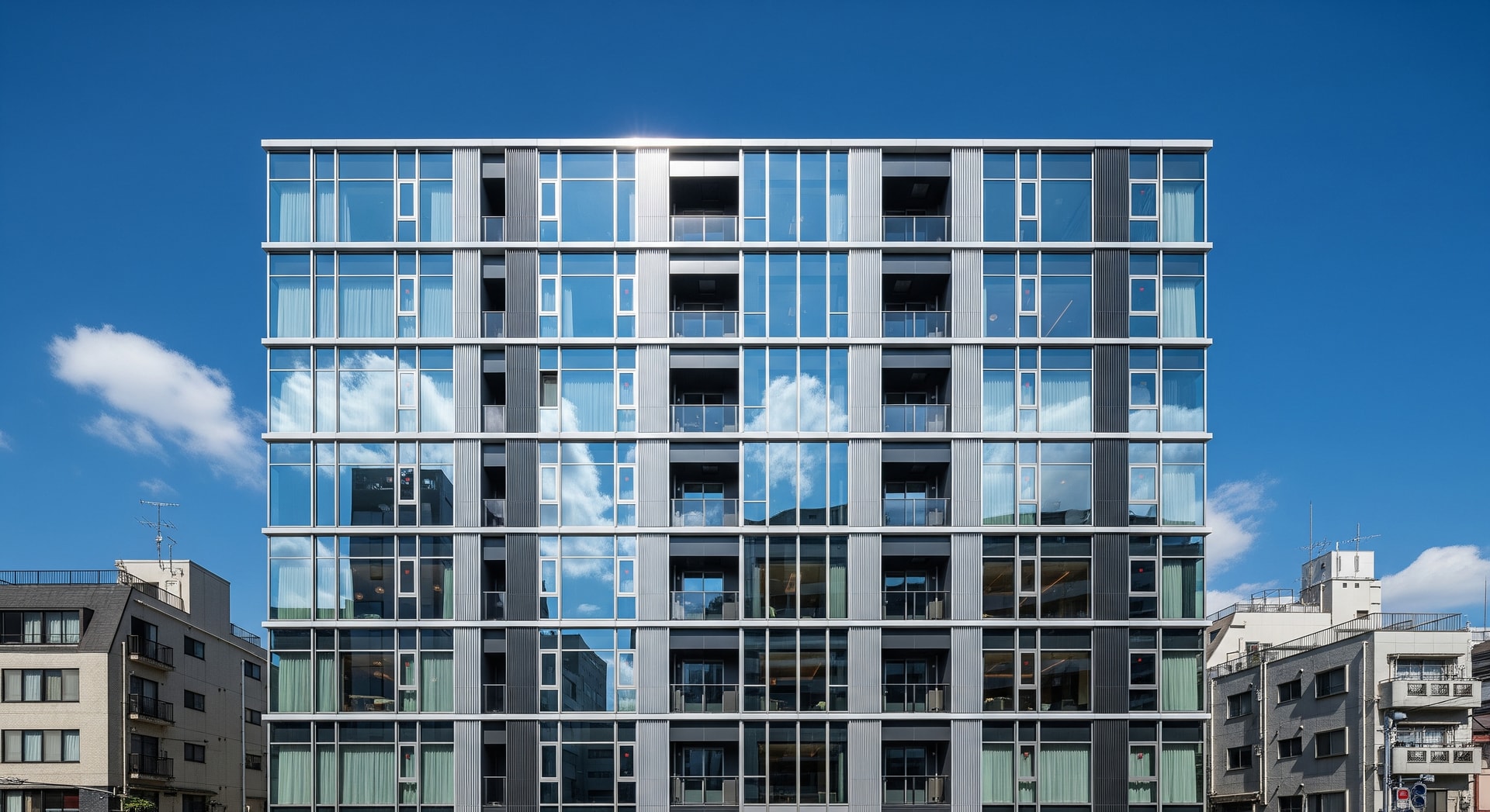 Exterior view of a modern apartment-hotel building in Tokyo's Tsukiji district