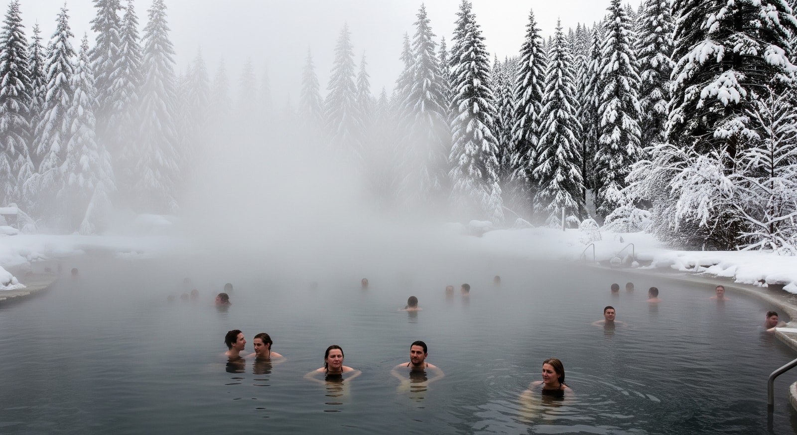 Visitors soaking in a steaming hot springs pool surrounded by snow-covered pines, illustrating winter hot springs travel