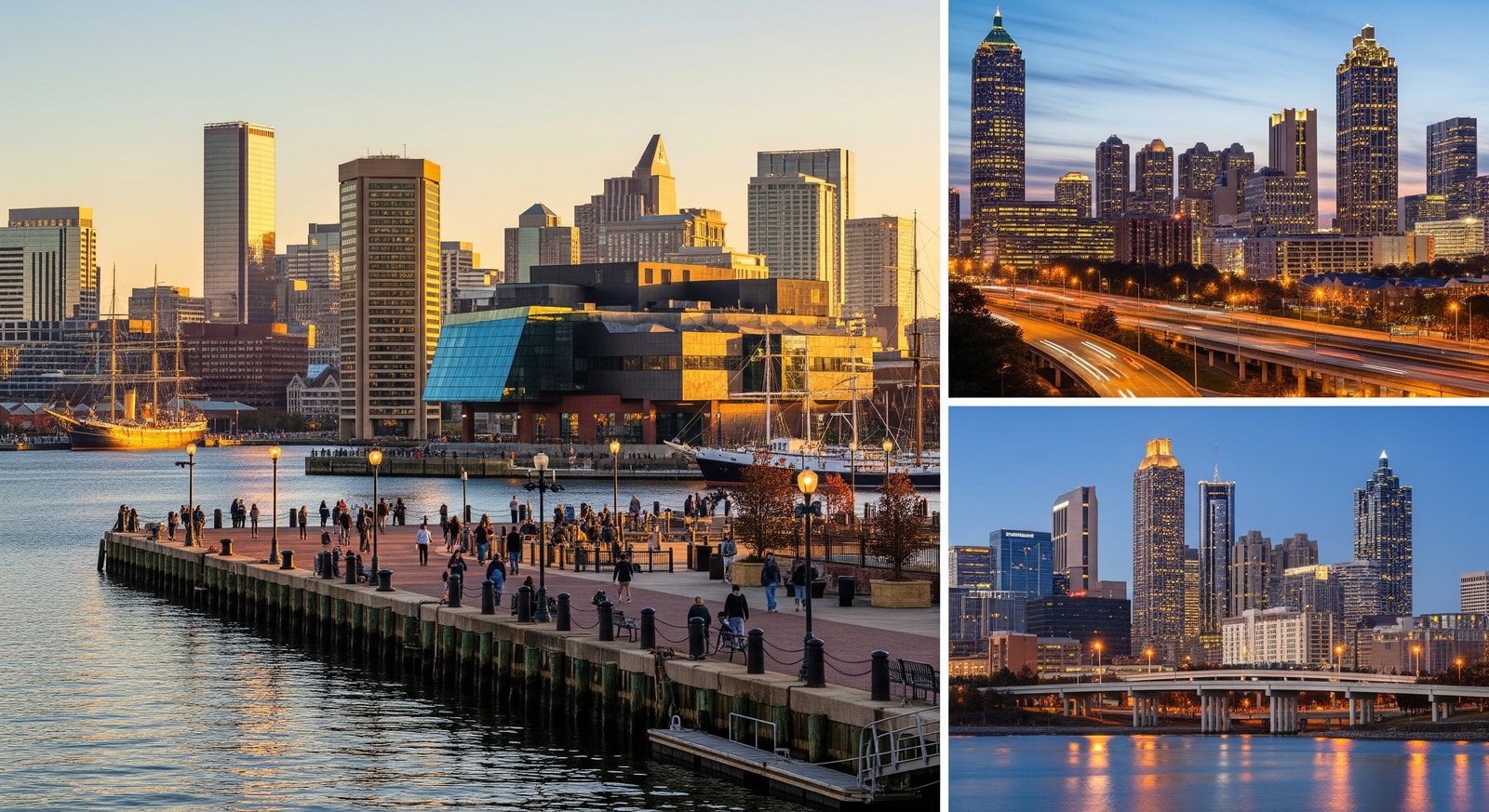 Collage of Inner Harbor waterfront, Atlanta skyline and Philadelphia historic sites representing US city breaks 2026