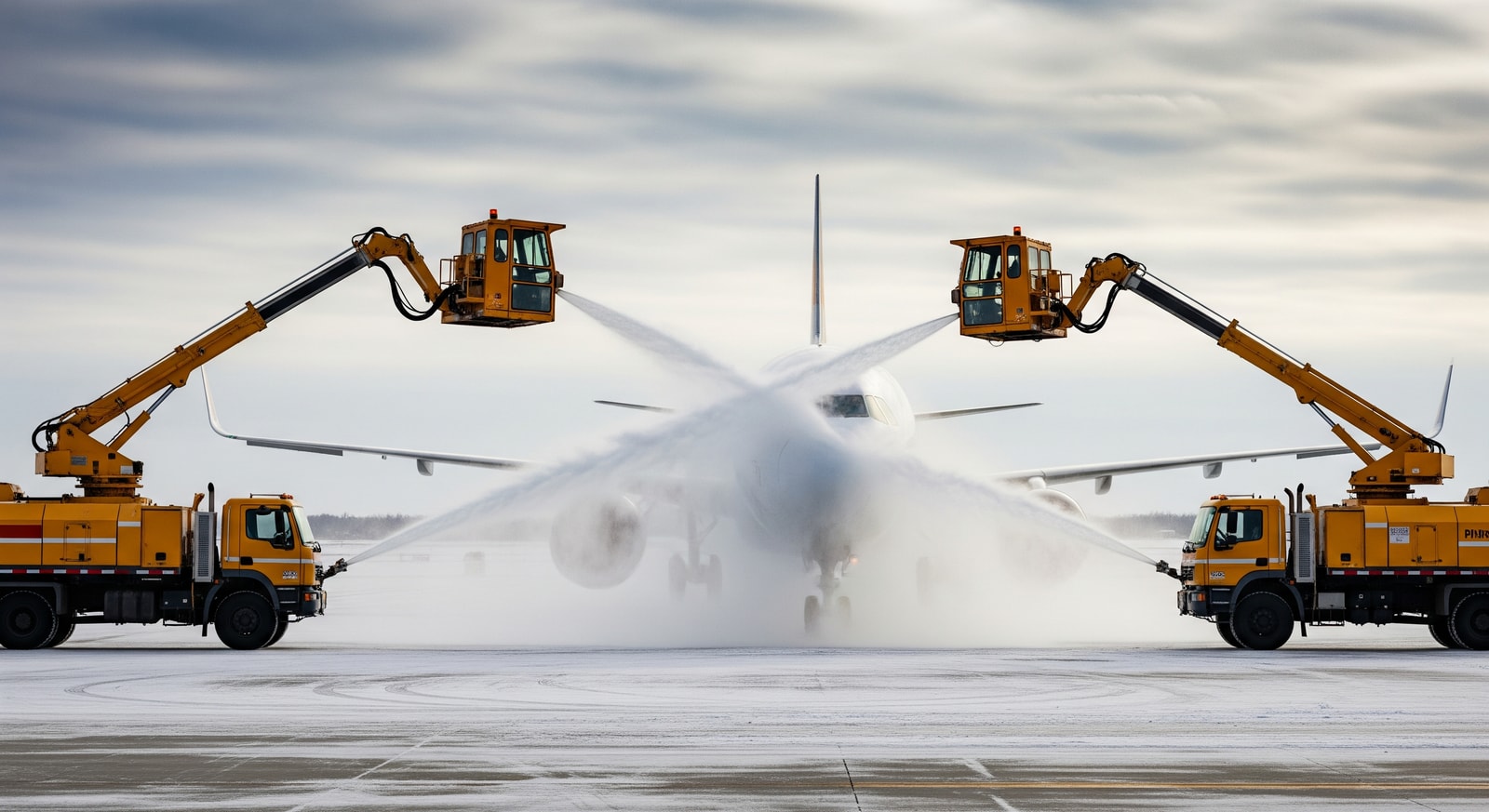 De-icing trucks servicing aircraft at Toronto Pearson during a winter cold snap