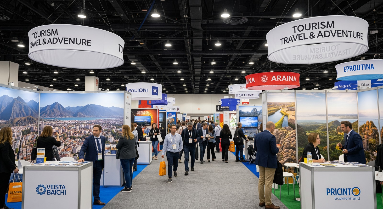Attendees exploring international booths at a Tourism Travel & Adventure Show in the USA