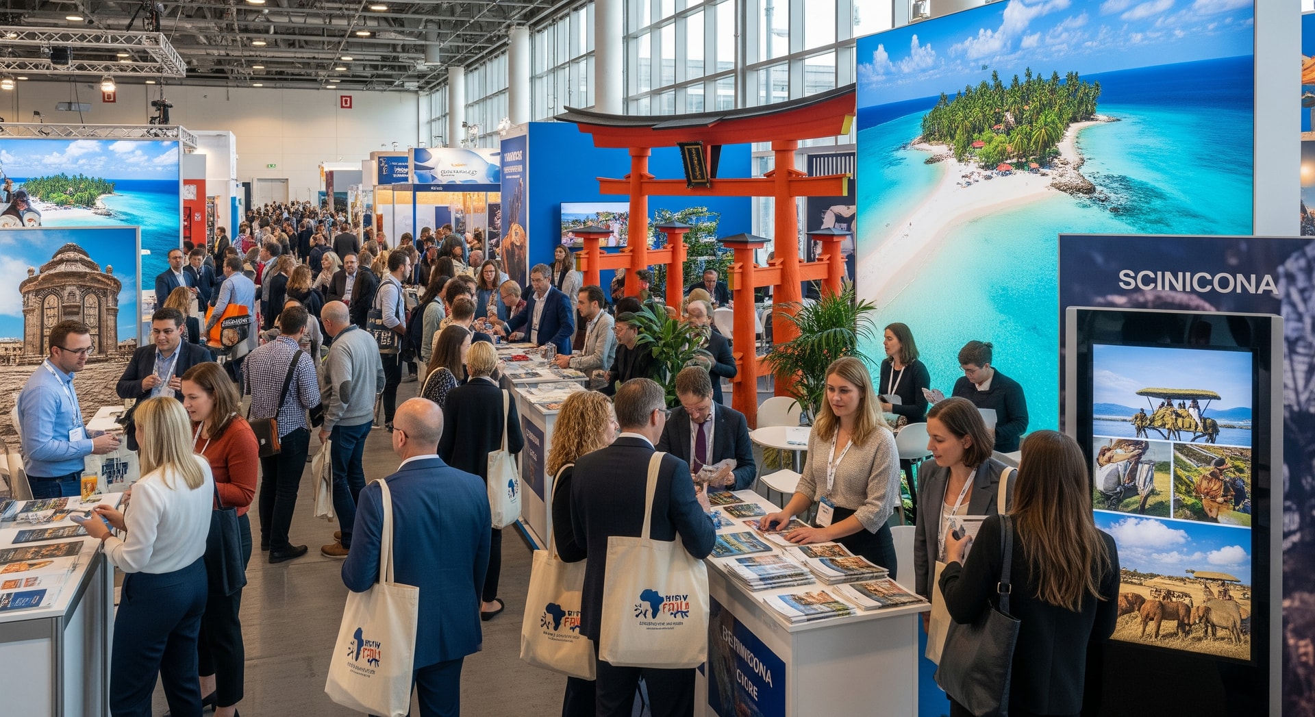 Crowded exhibition hall at a travel show with international destination booths and attendees