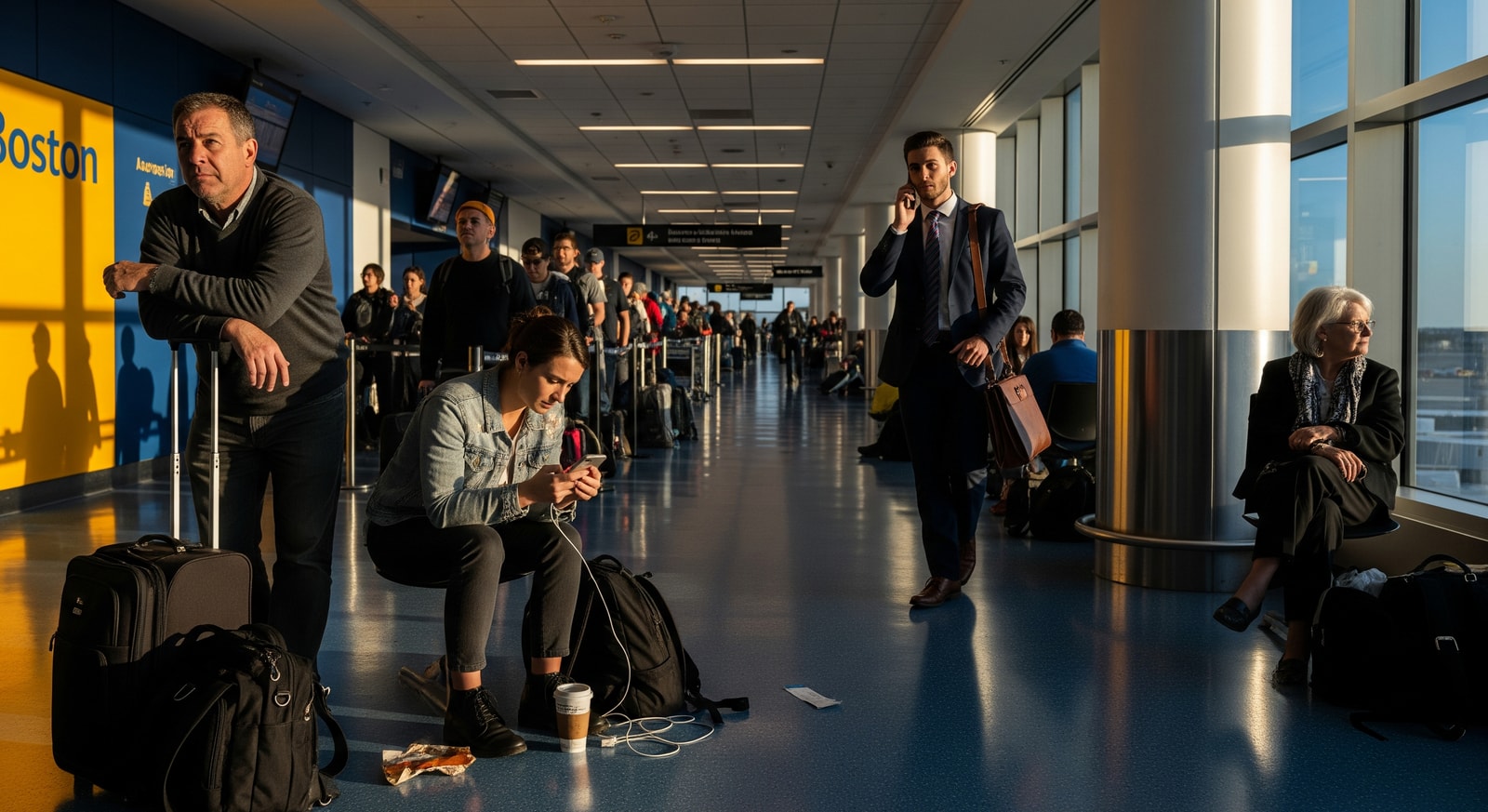 Passengers waiting at Boston Logan International Airport amid flight delays