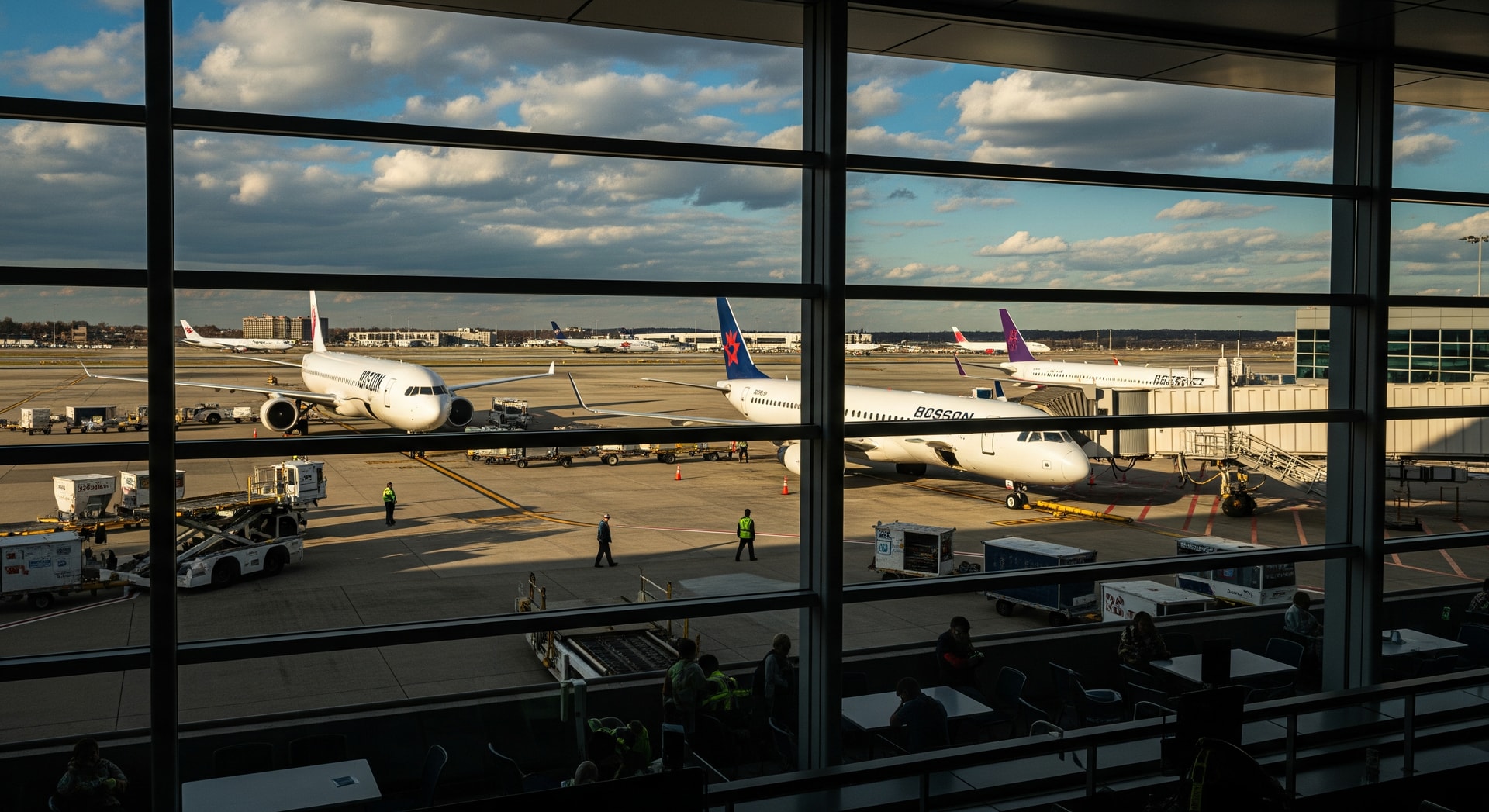Passengers and aircraft at Boston Logan International Airport amid flight disruptions