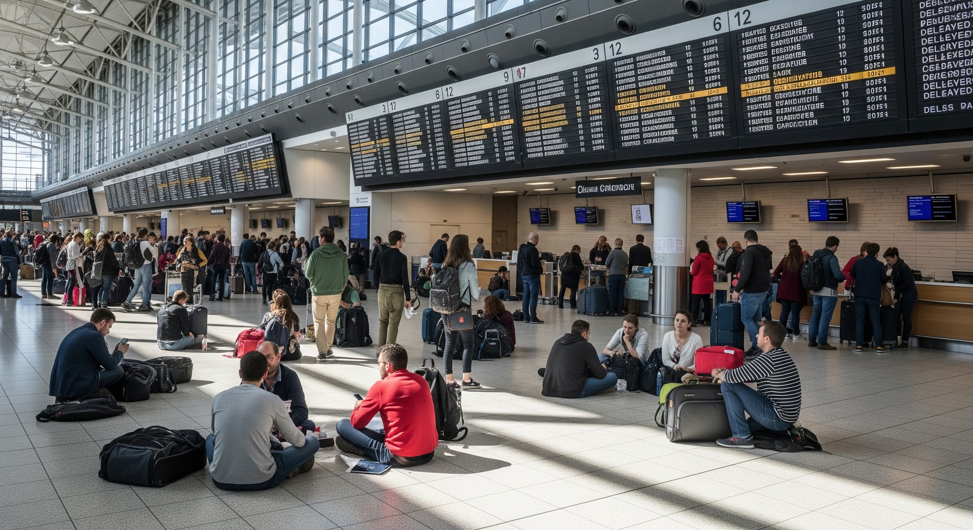 Passengers at a busy European airport facing flight delays and cancellations