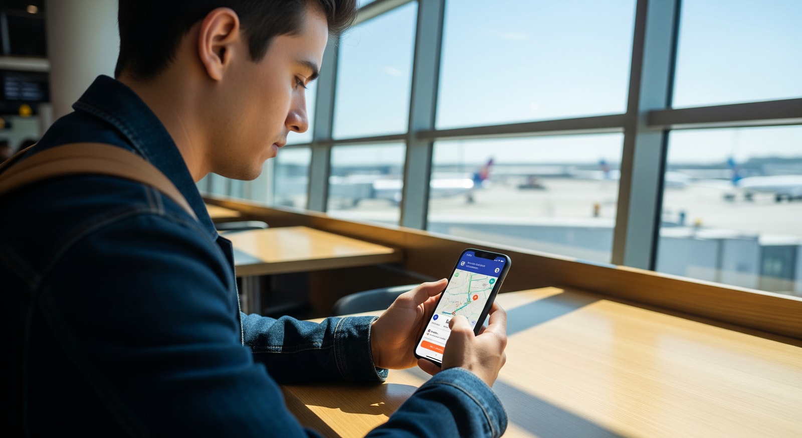 A traveler using a smartphone to plan a personalized itinerary in an airport, reflecting Gen Z-driven personalized travel demand