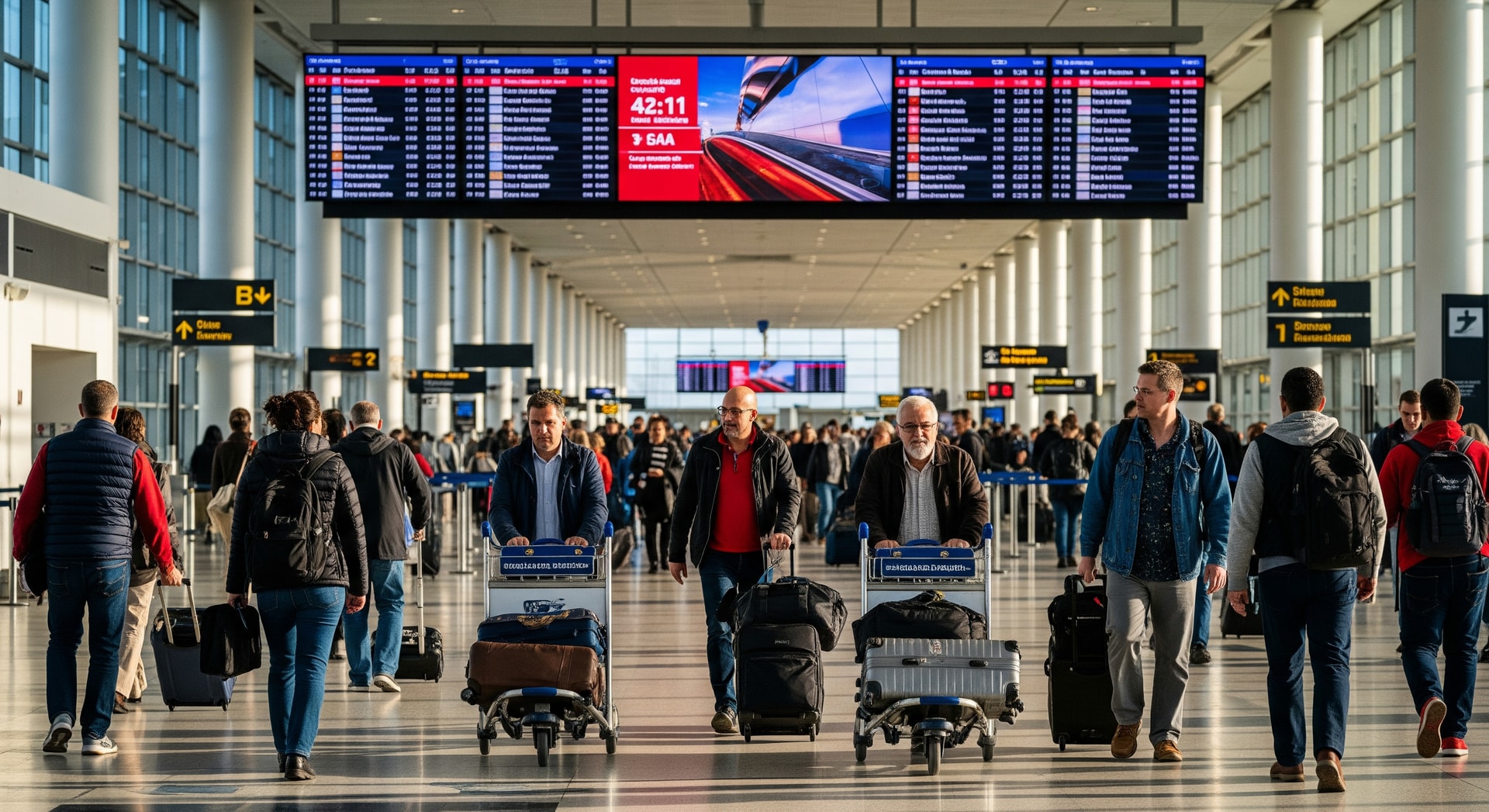 Travelers walking through an airport terminal with flight information boards in the background