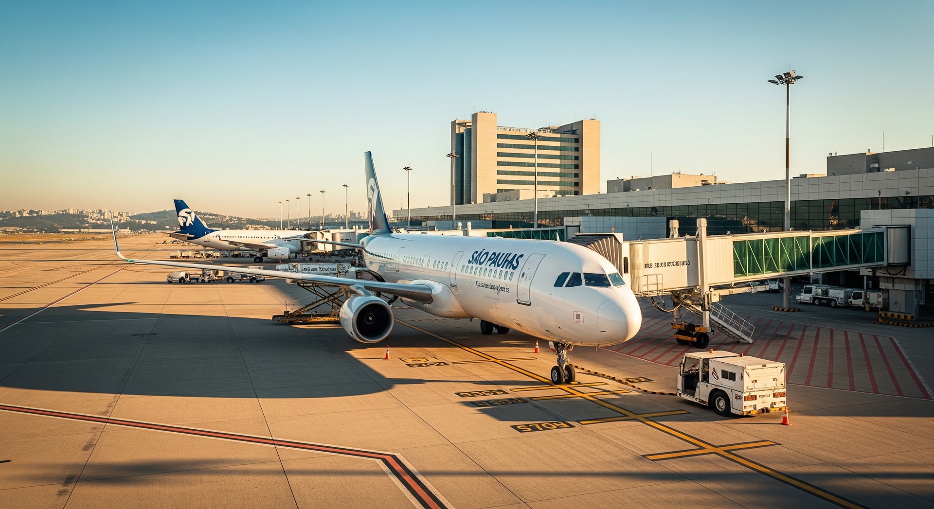Aircraft at São Paulo-Congonhas airport apron with terminal buildings in the background