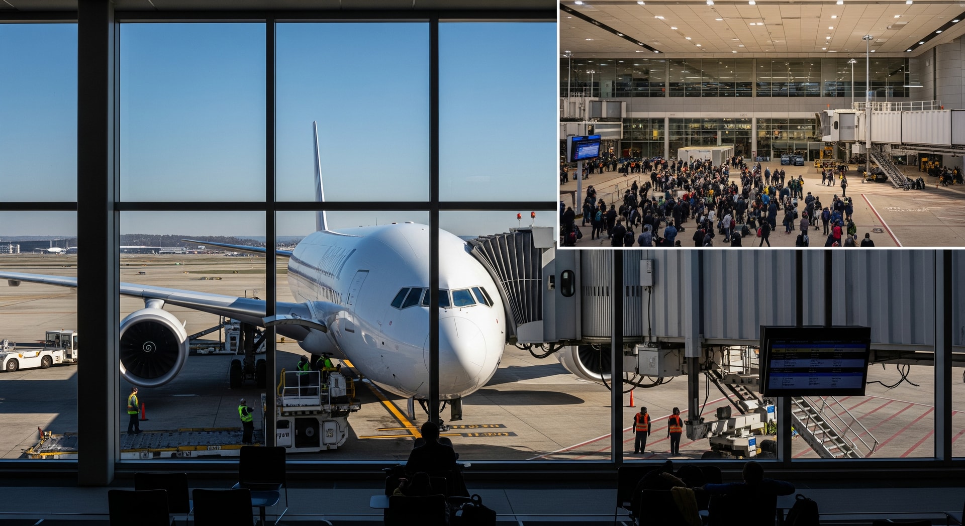 Airliner preparing for departure with packed airport terminal ahead of Super Bowl travel surge