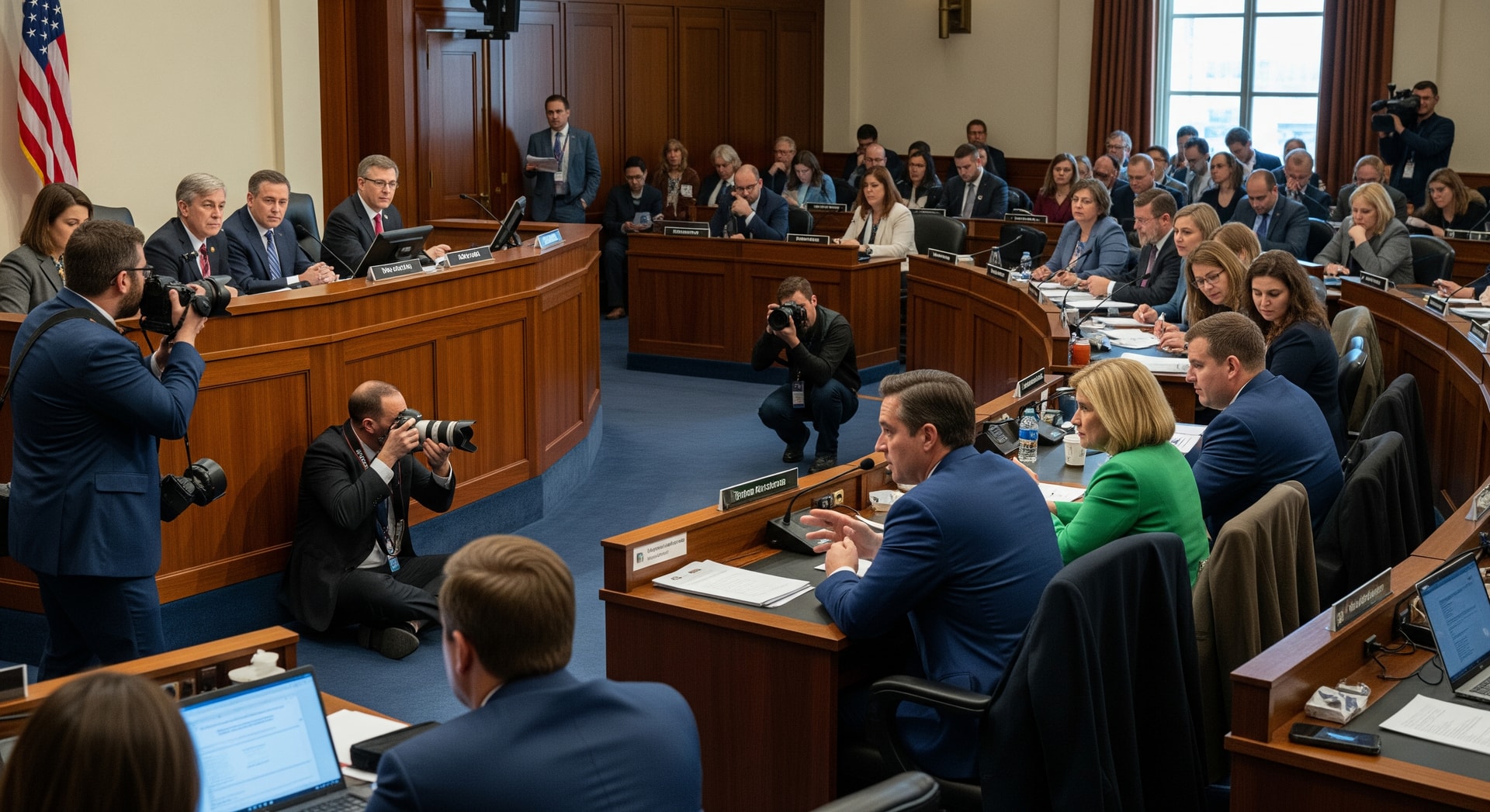 Legislative hearing room with lawmakers discussing technology and pricing policy