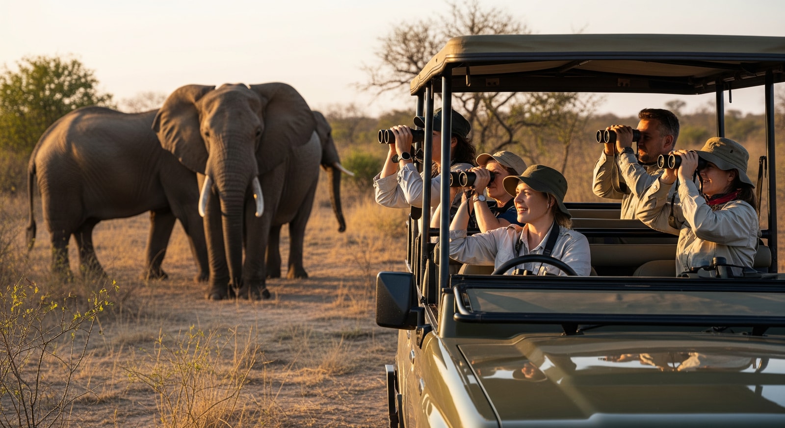Tourists on safari watching elephants in Kruger National Park, illustrating South Africa tourism appeal