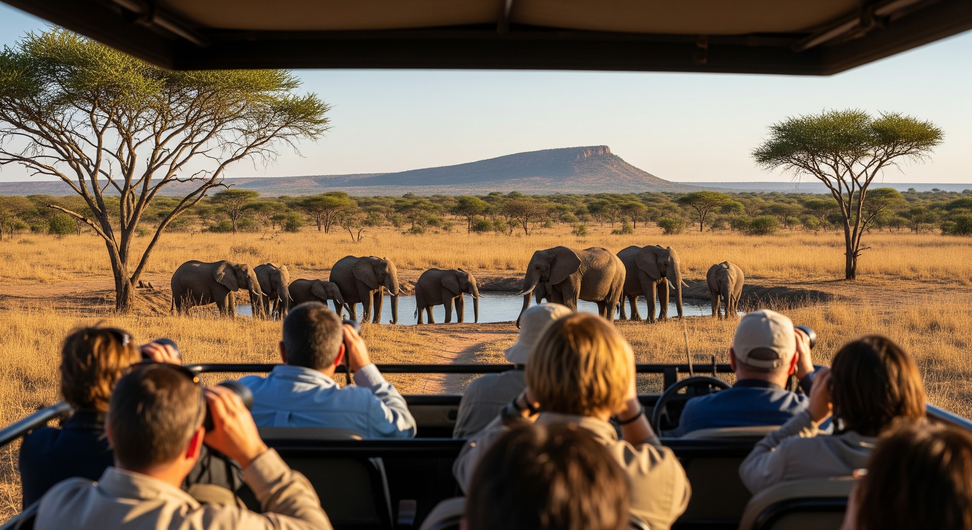 Tourists on safari in Kruger National Park with South African landscape in the background