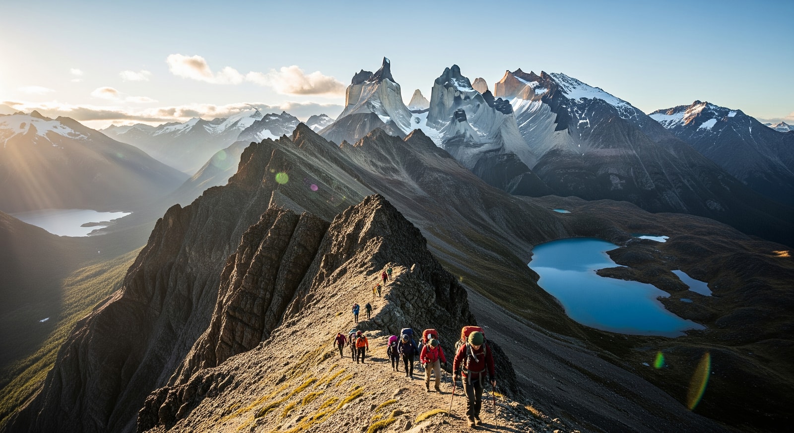 Hikers crossing ridgeline on the Dientes de Navarino Circuit with glacial lakes and rugged peaks