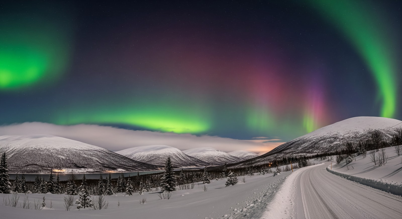 Aurora borealis over snowy landscape near Tromsø with dark sky and colorful lights
