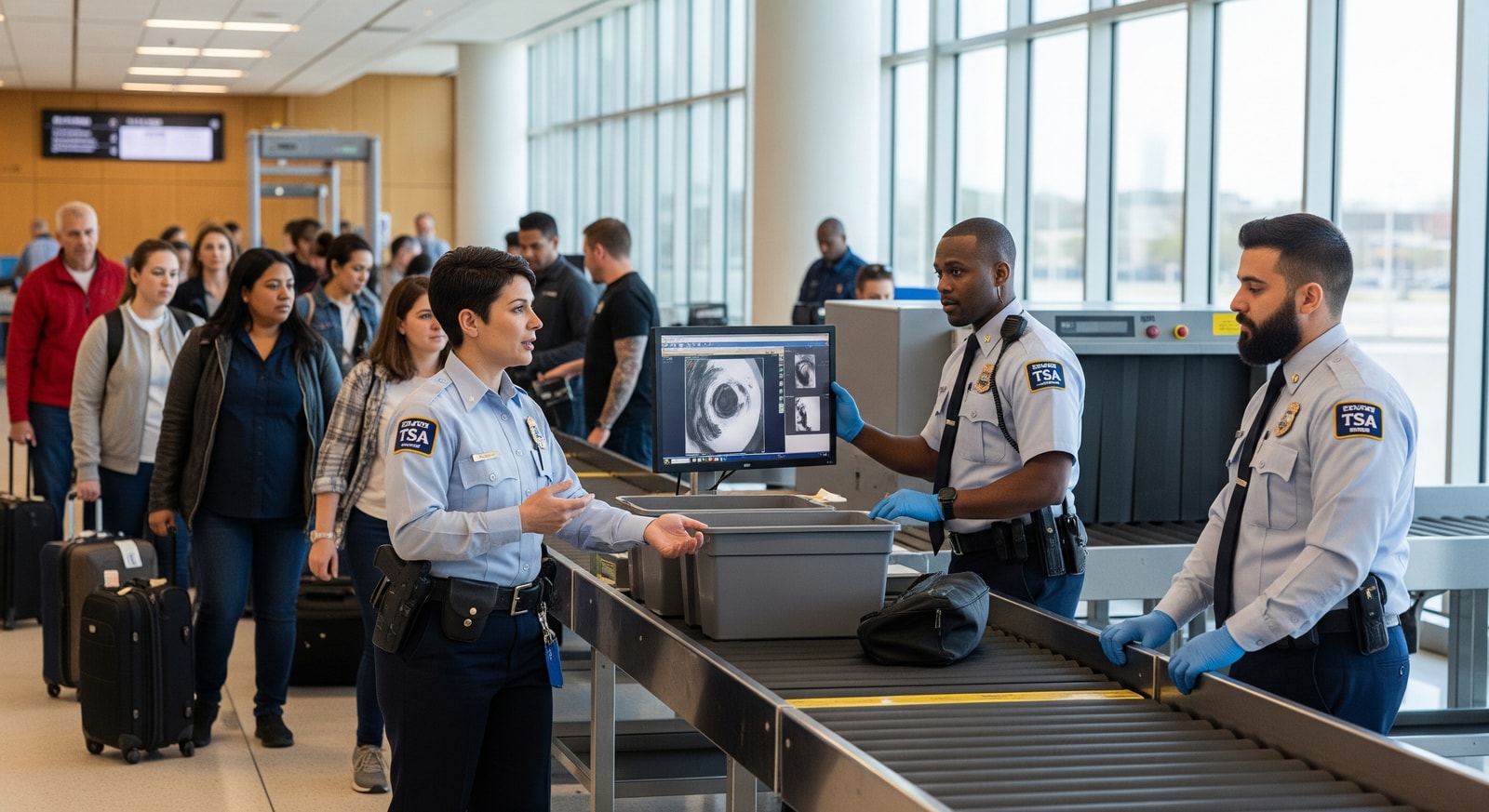 Airport security checkpoint showing TSA screeners managing passenger lines amid potential delays
