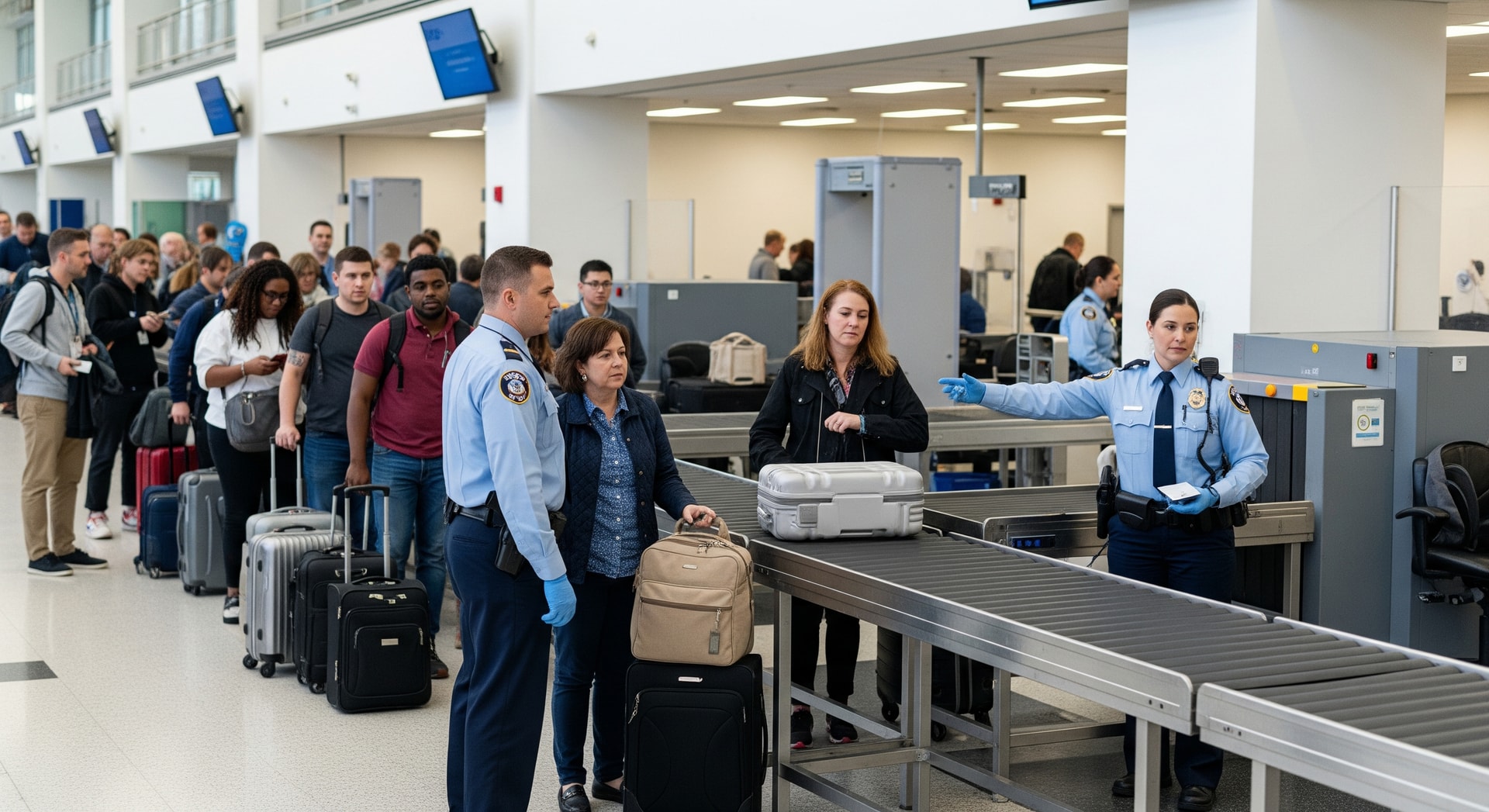 Passengers queue at an airport security checkpoint with TSA officers managing lanes