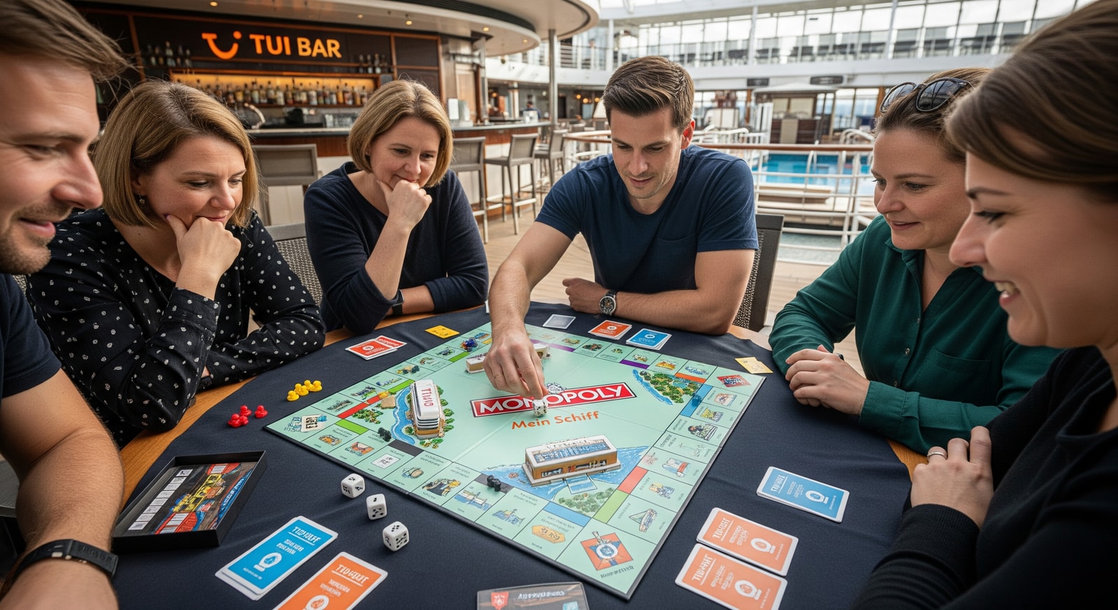 Players gathered around a Mein Schiff Monopoly board featuring the TUI Bar and pool deck