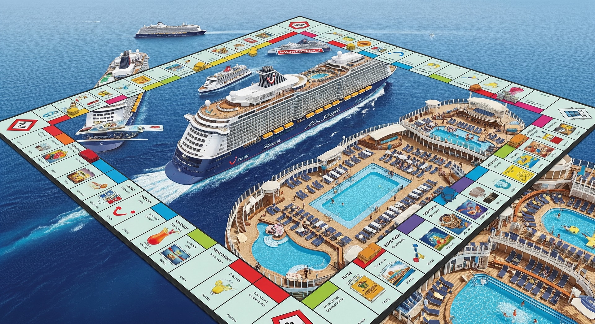 Mein Schiff-themed Monopoly board showing ship hotspots such as TUI Bar and pool deck