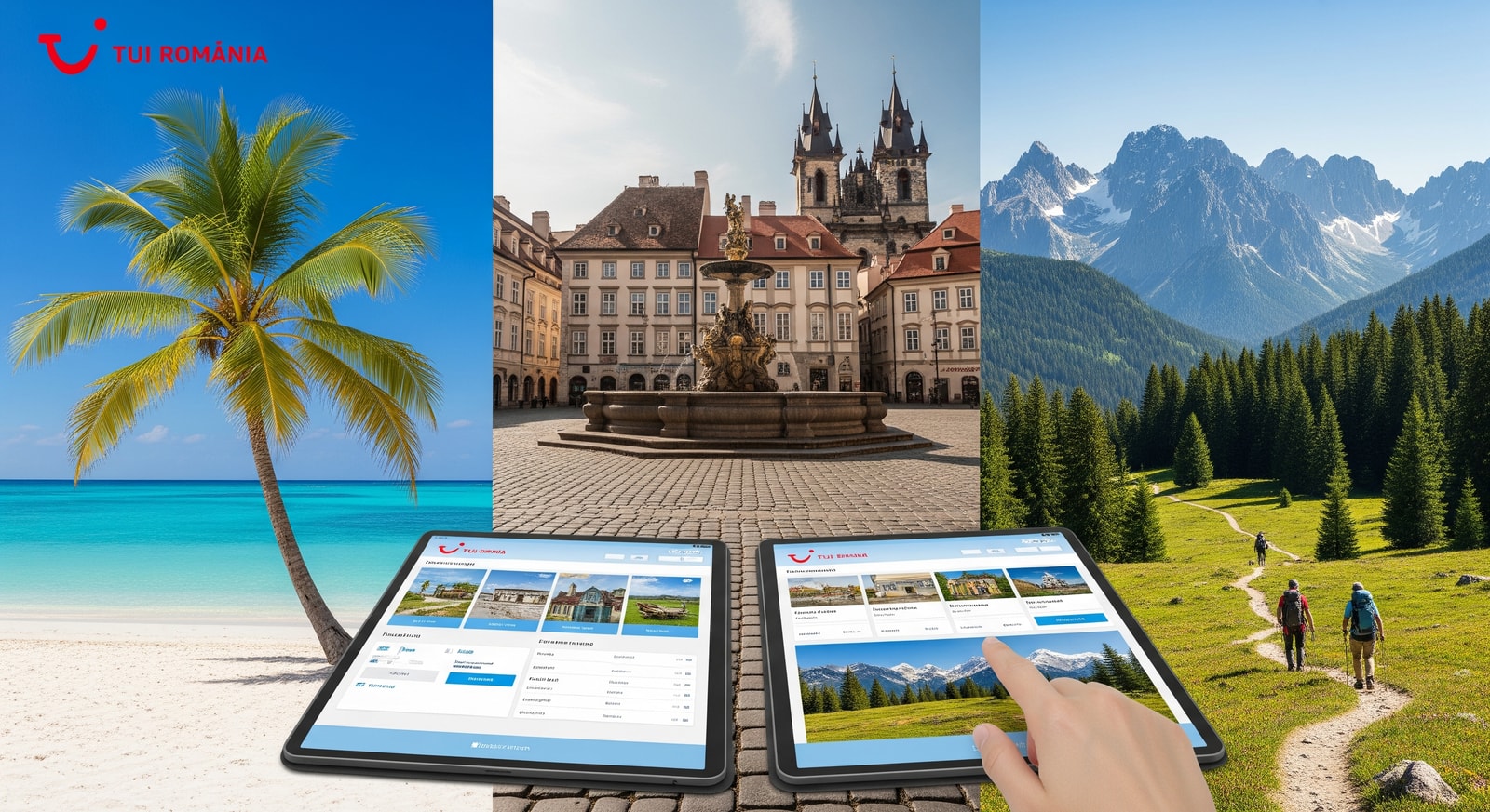 TUI Romania promotional image showing holiday destinations and travel booking options