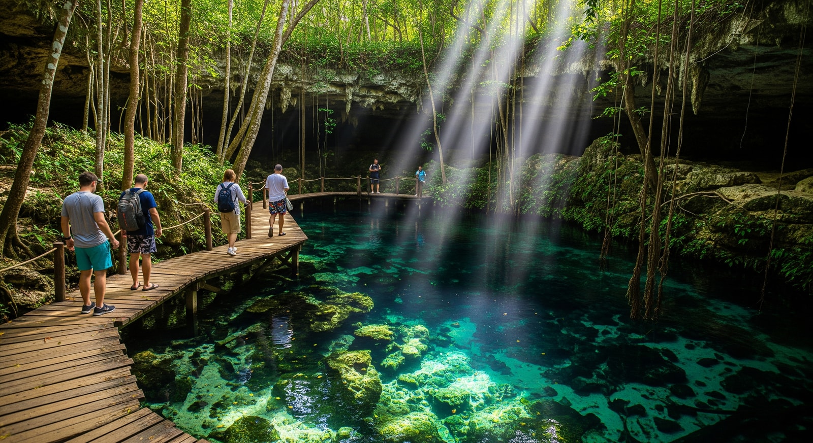 Visitors exploring a cenote on a managed trail in Tulum with clear freshwater and surrounding jungle