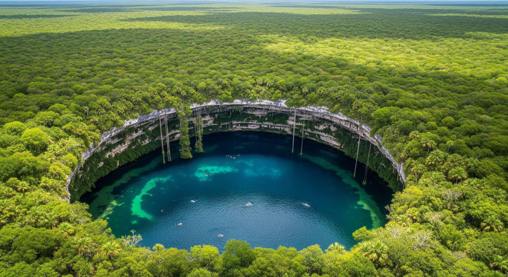 Aerial view of a cenote surrounded by jungle in Tulum, Mexico