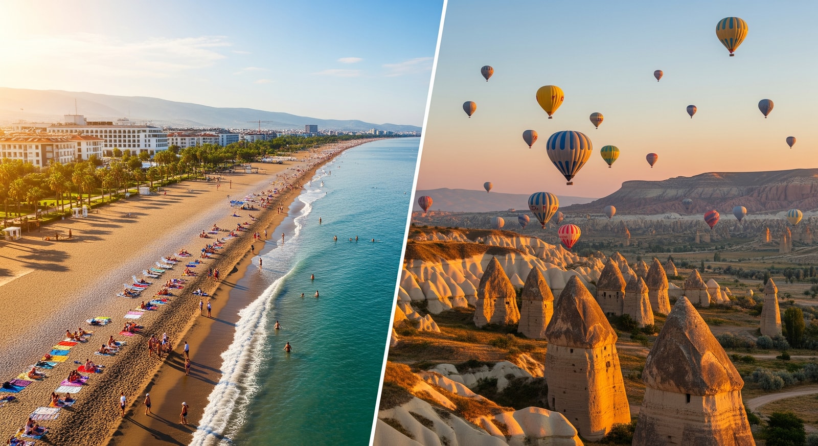 Tourists at Antalya beach and hot air balloons over Cappadocia illustrating Turkey tourism attractions