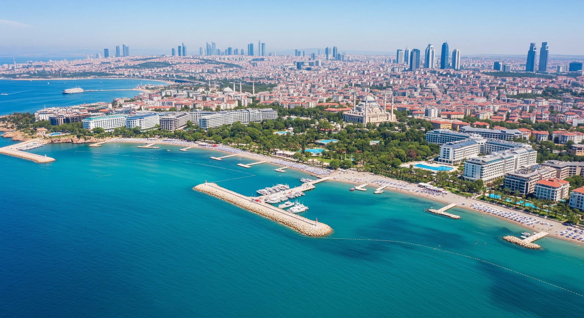 Aerial view of Antalya coastline and historic Istanbul skyline illustrating Turkey tourism growth