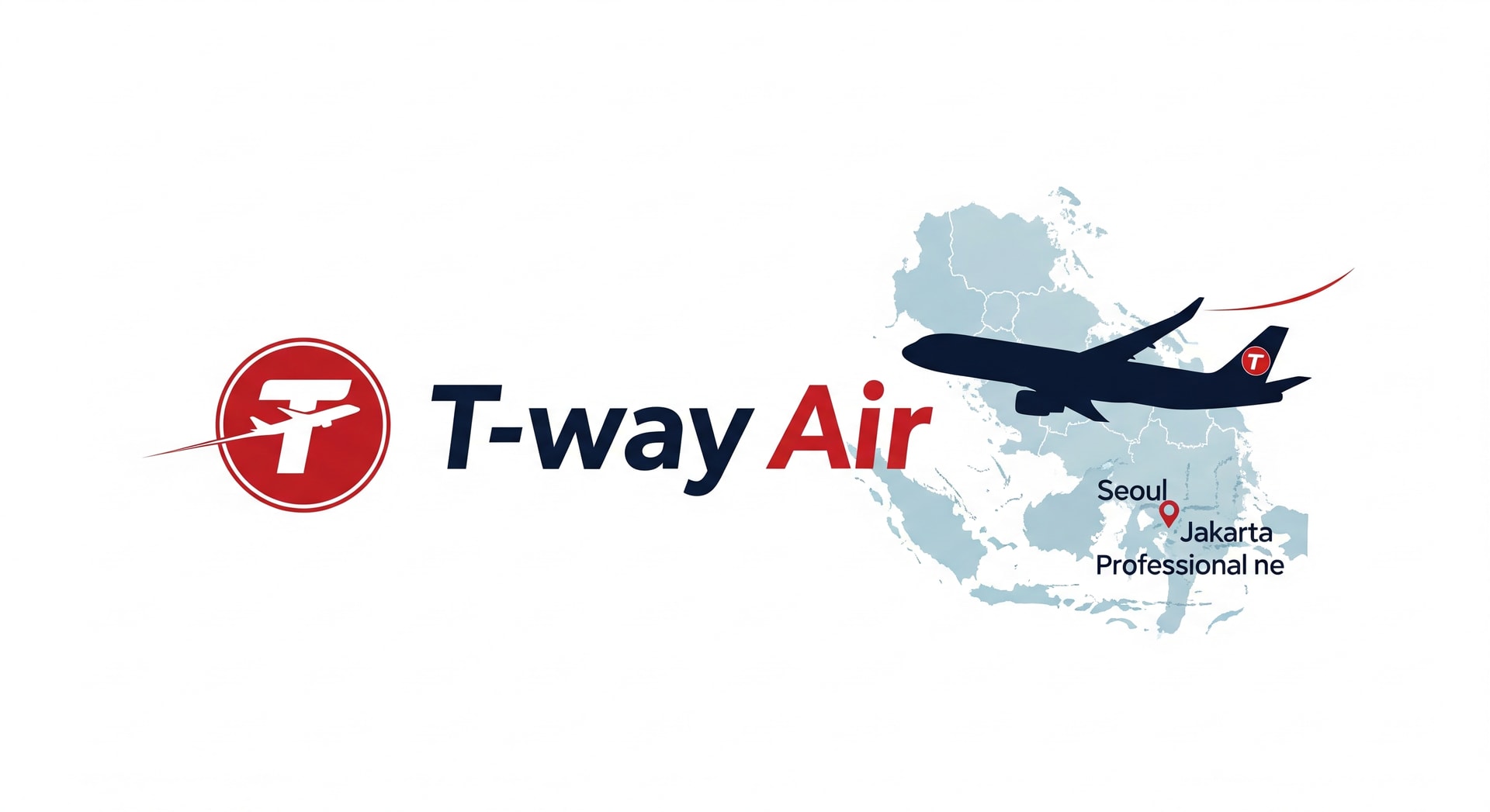 T’way Air logo with an aircraft silhouette against a map showing Seoul and Jakarta