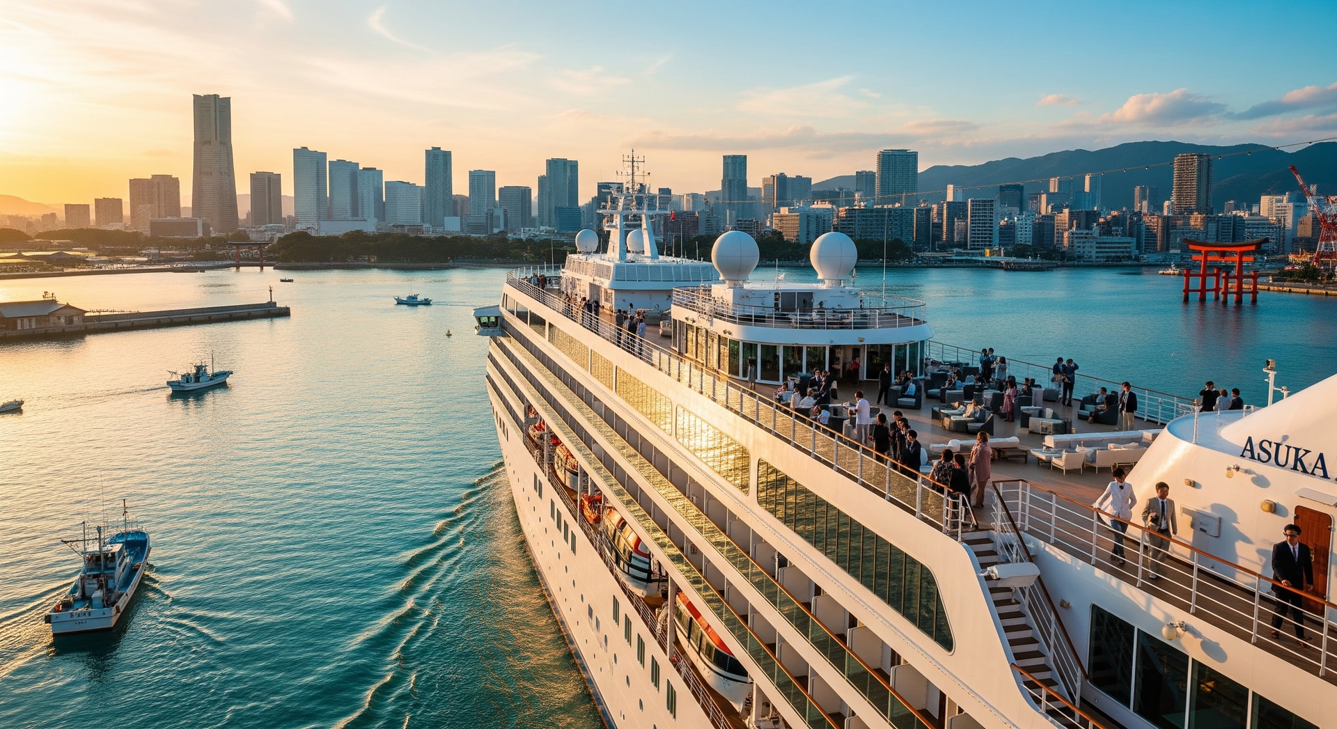 Asuka II cruise ship sailing near a Japanese port, showcasing calm seas and a refined onboard atmosphere