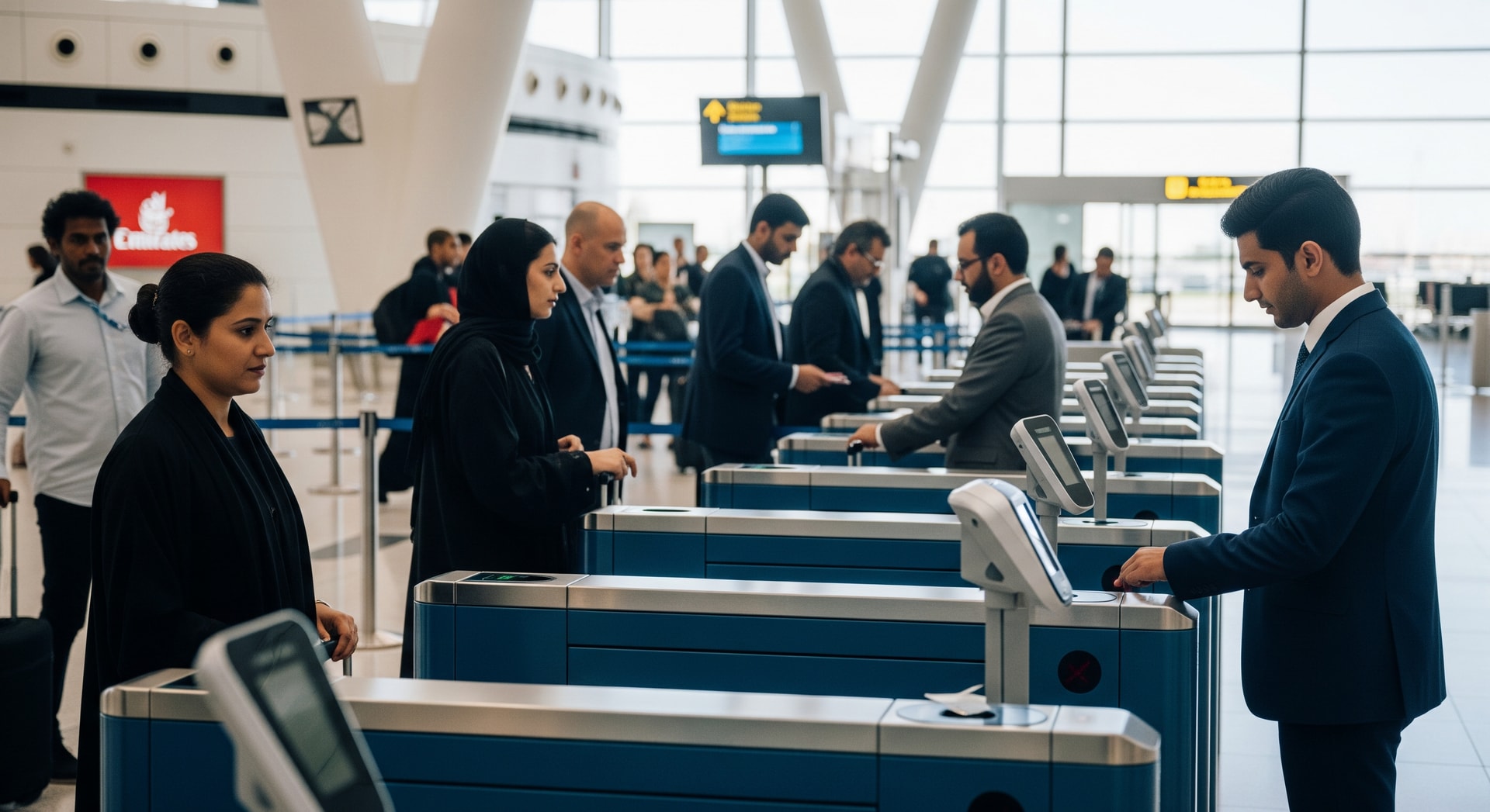 Passengers using biometric e-gates at an international airport representing UAE-Bahrain One-Point Air Travellers pilot