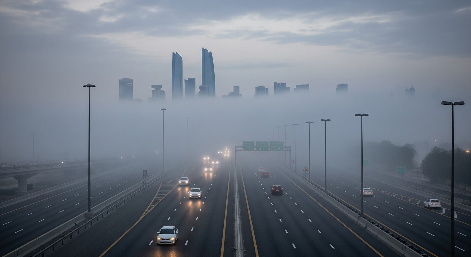 Early morning fog over a UAE highway with limited visibility and cloudy skies