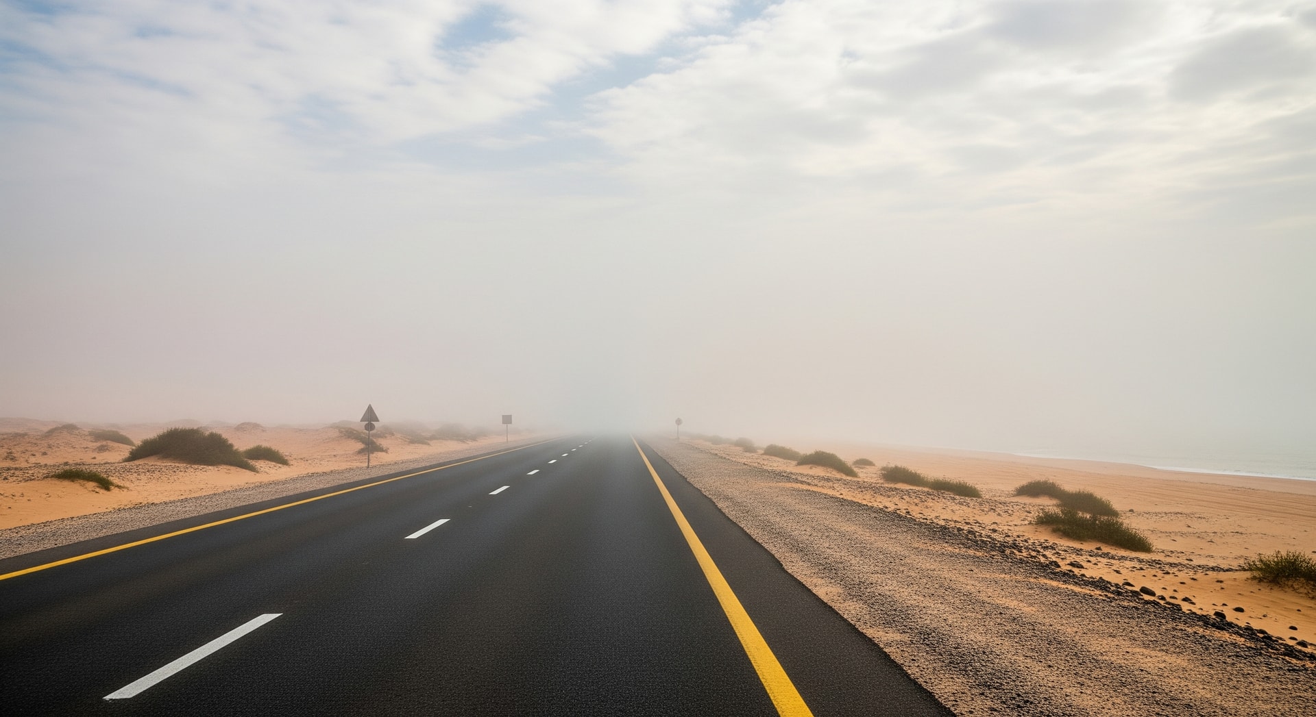 Foggy morning on a UAE coastal road with low visibility and cloudy skies