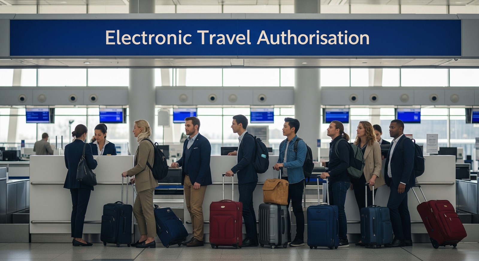 Airport check-in desk with a sign referencing electronic travel authorisation and travelers queuing