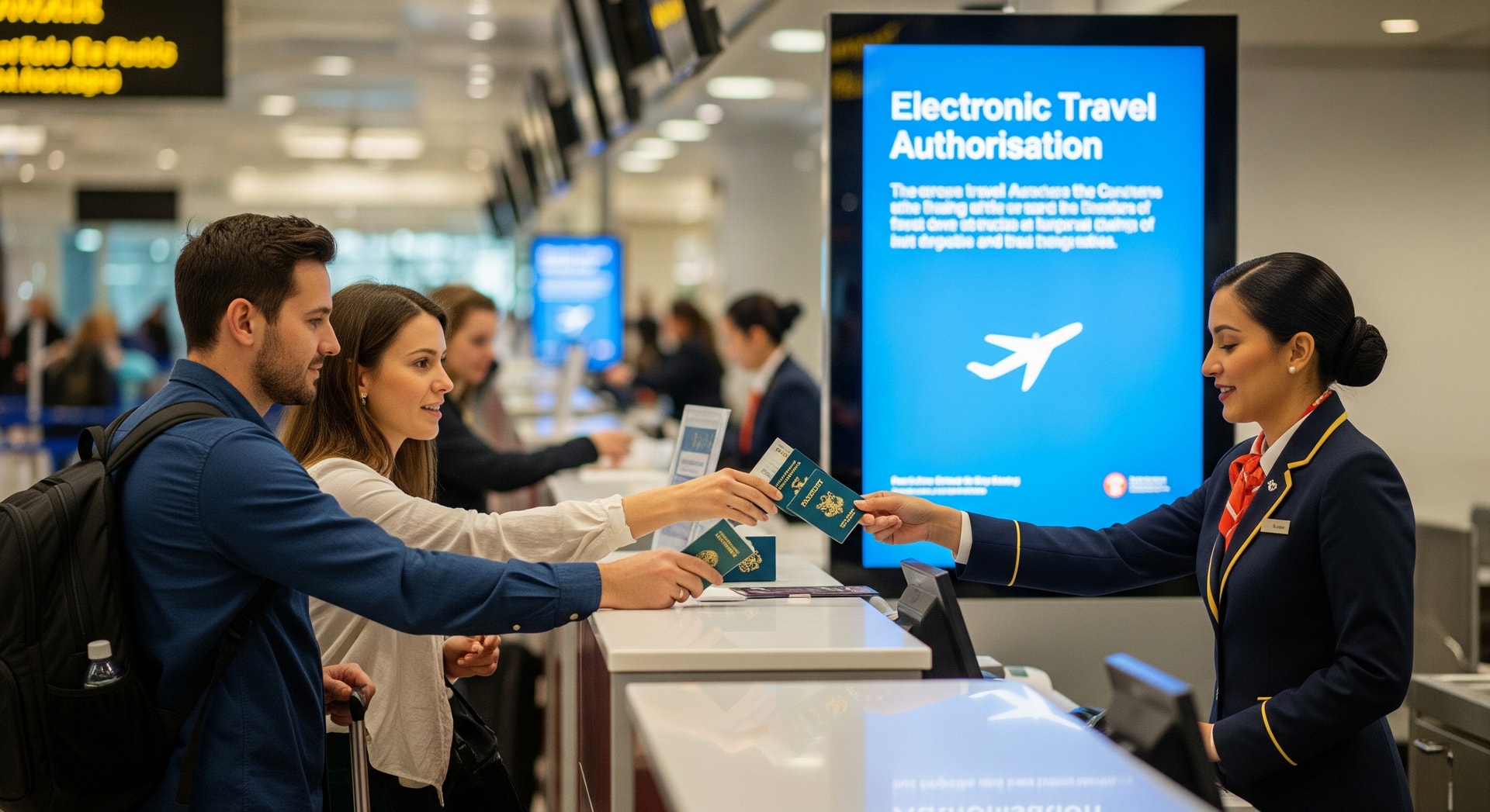 Travellers presenting passports at an airport check-in desk with signage about electronic travel authorisation