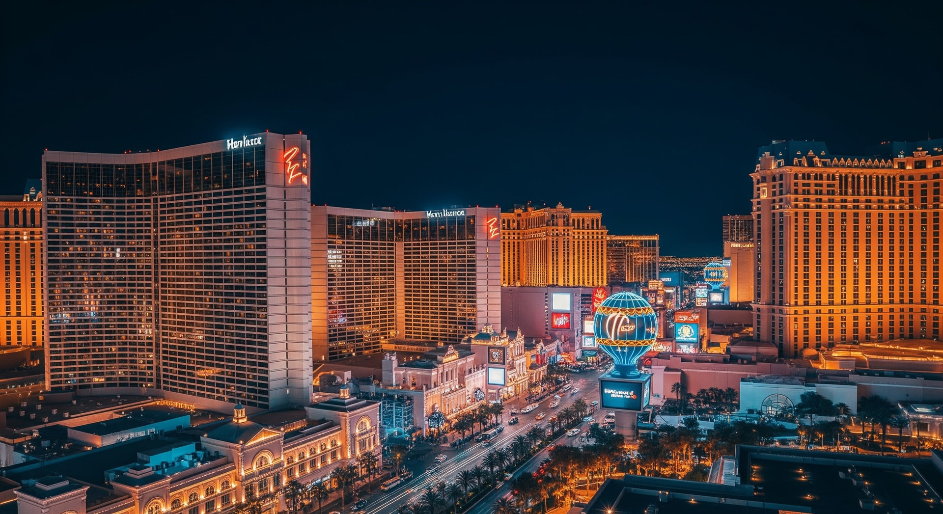 Las Vegas Strip at night with glittering lights and resort towers