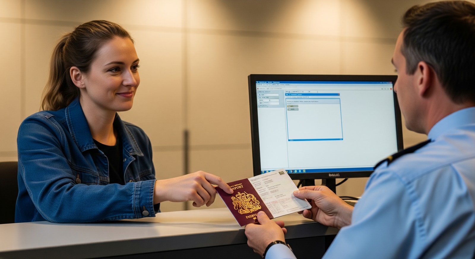 Traveller with UK passport at a European border control desk, checking documents