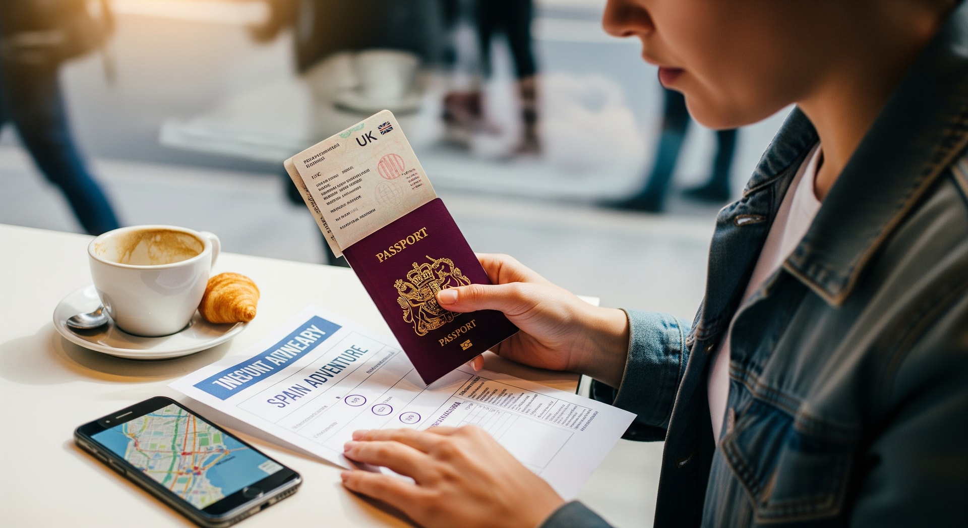 UK traveller checking passport and itinerary before a trip to Spain
