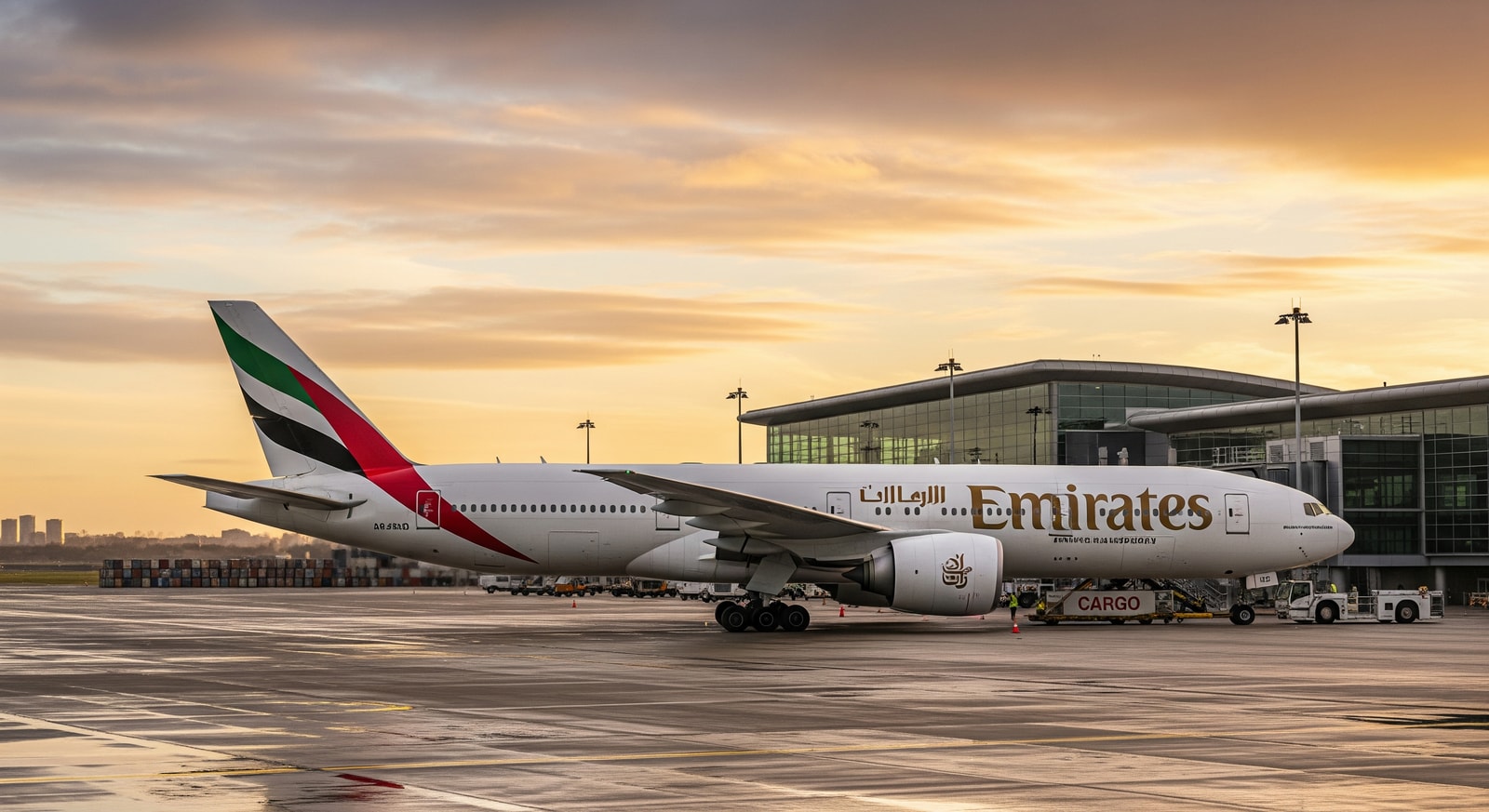 Emirates aircraft at Glasgow Airport, illustrating potential expansion of Glasgow–Dubai flights and cargo operations