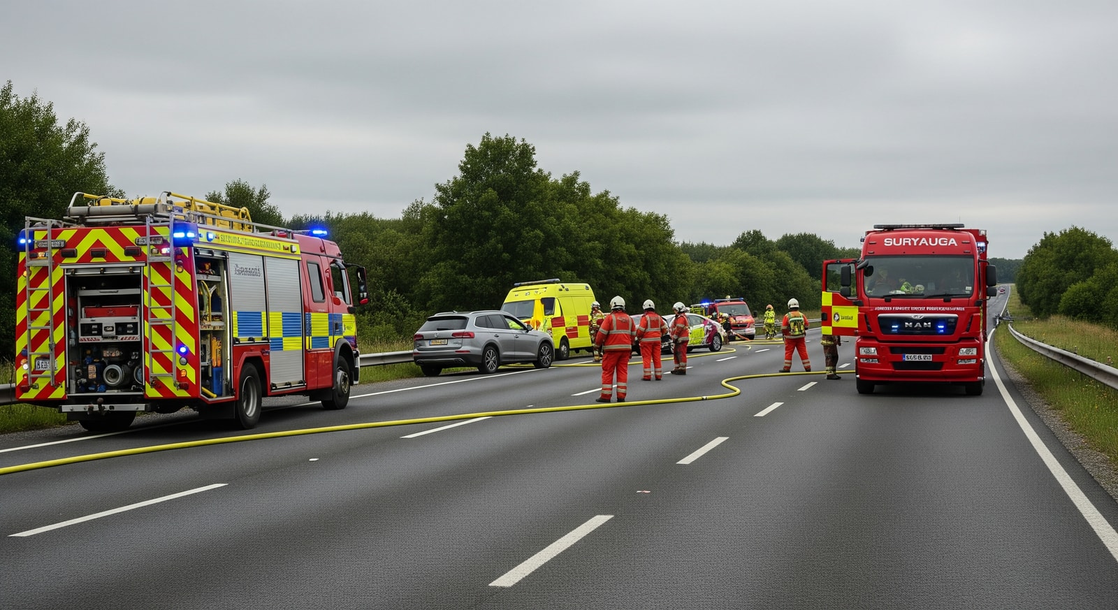 Emergency response vehicles and traffic on A52 after a multi-vehicle crash near M1 Junction 25